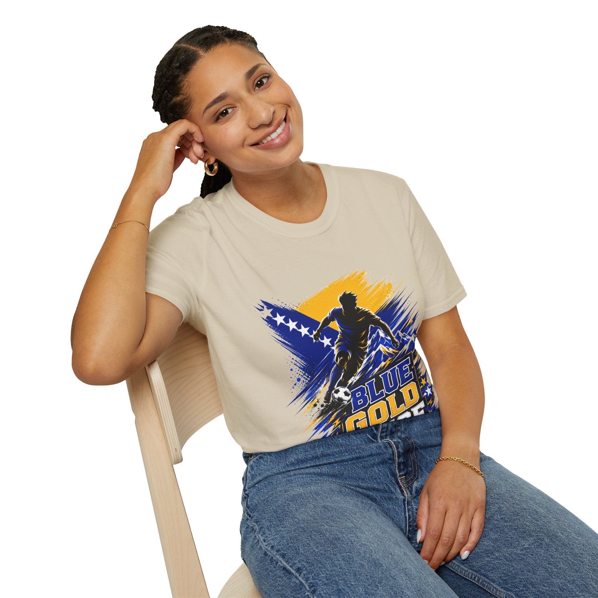 Bosnia Football T‑Shirt - "Blue Gold Rise" Soccer Graphic Tee