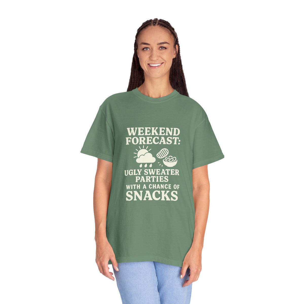 Weekend Forecast T-Shirt — "Ugly Sweater Parties with a Chan of Snacks" Holiday Tee - Trending Now - October 2026