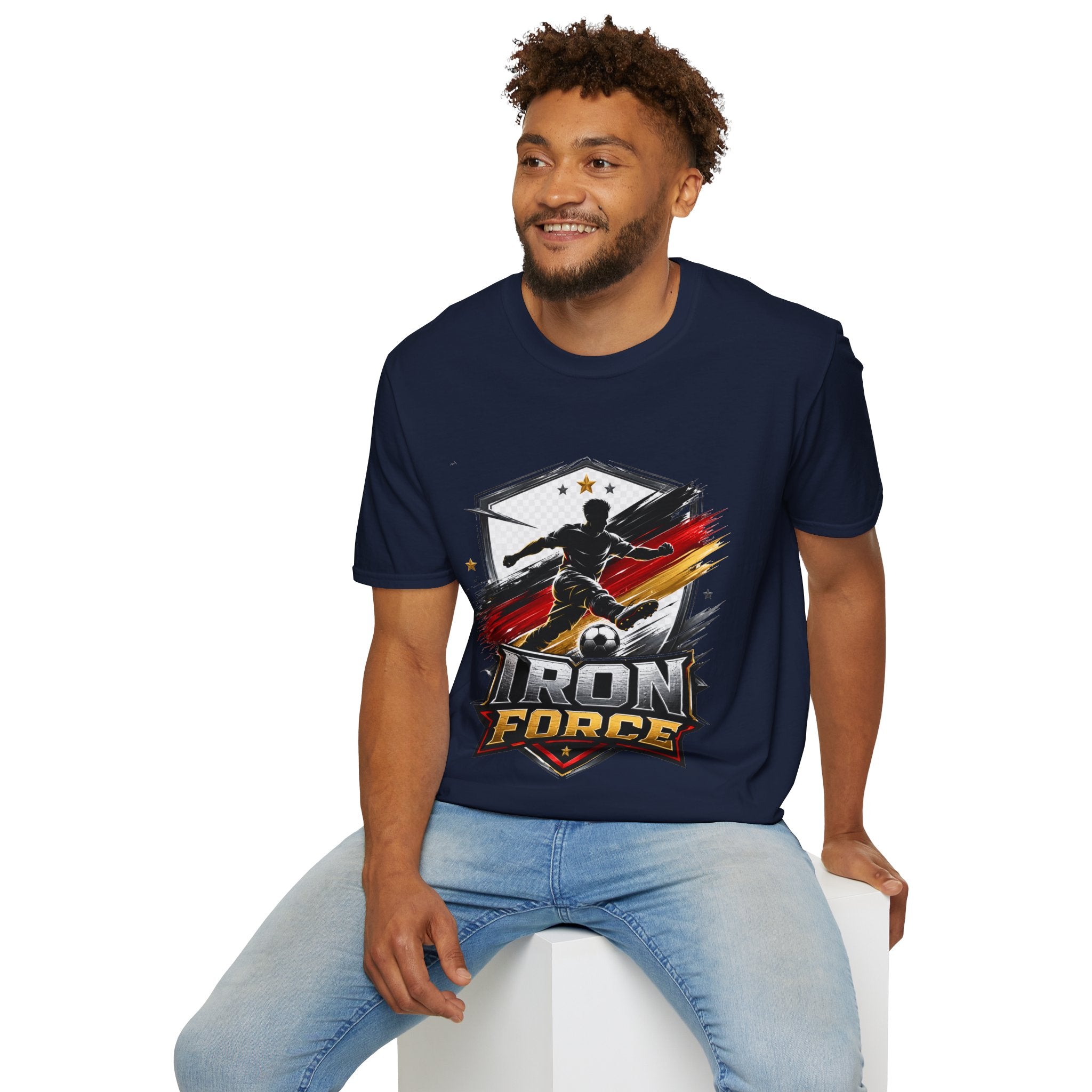 Germany Soccer 'Iron Force' Graphic T-Shirt — Player Silhouette with Red & Gold Brushstroke Emblem