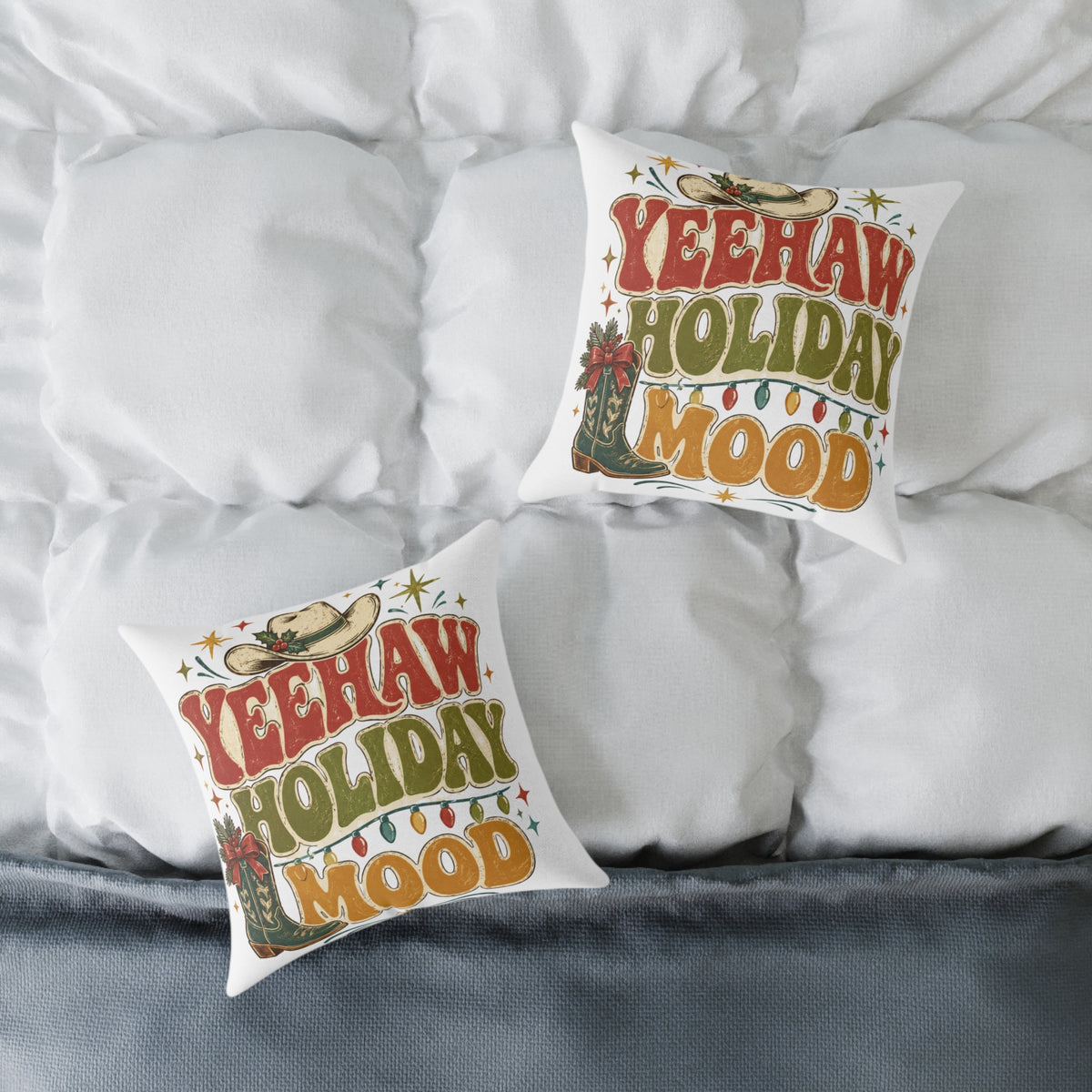 Christmas Square Pillow — "Yeehaw Holiday Mood" Western Christmas Decorative Throw Pillow