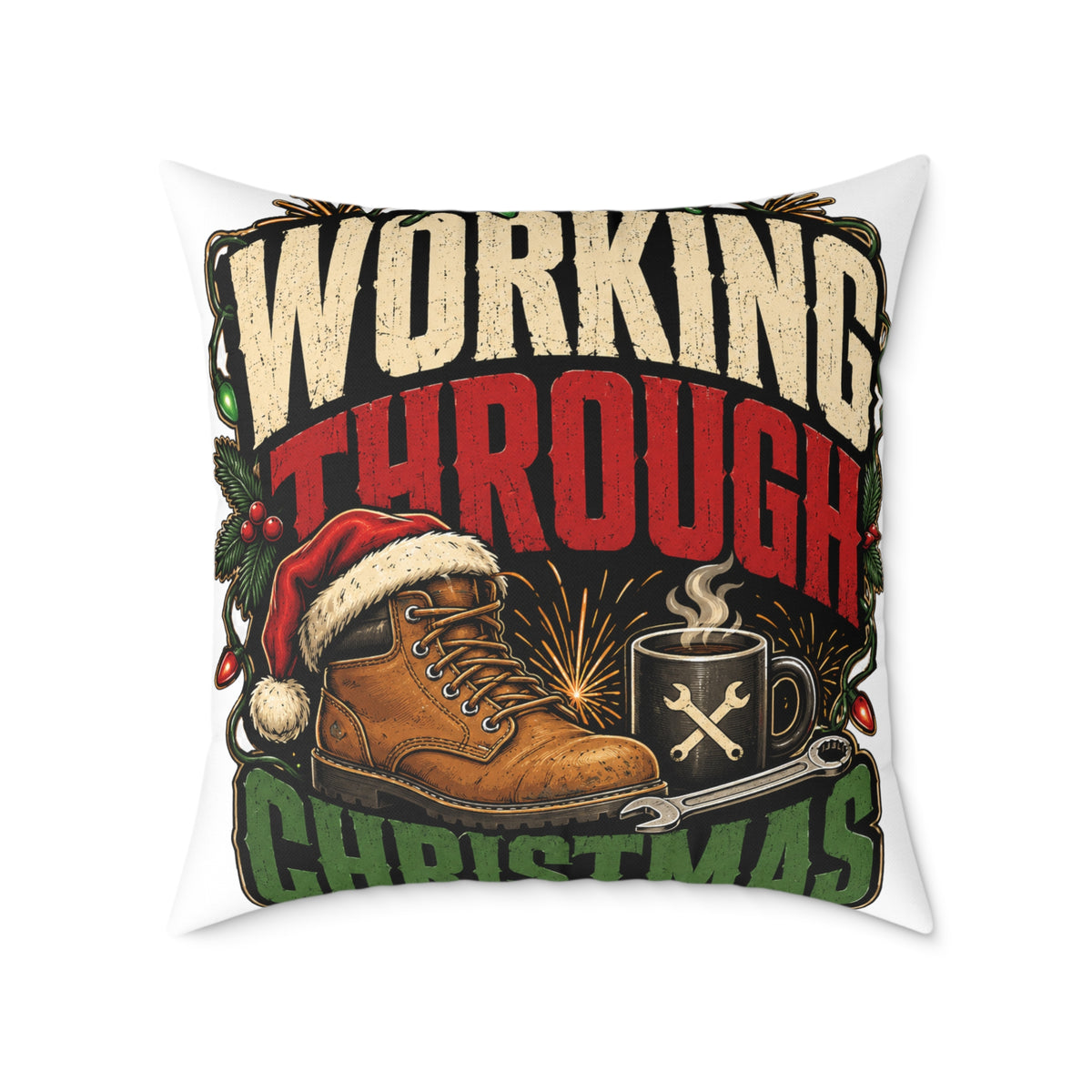 Working Through Christmas Modern Day Christmas Decorative Pillow — Holiday Boot & Coffee Throw Pillow