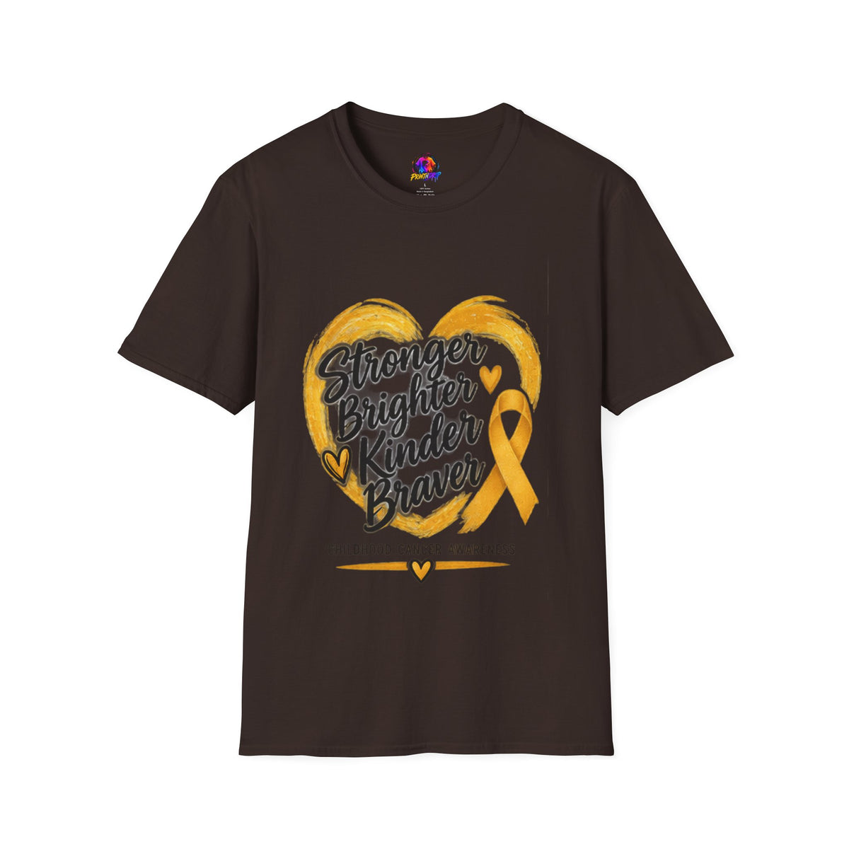 Childhood Cancer Awareness T-Shirt — "Stronger Brighter Kinder Braver" Gold Ribbon