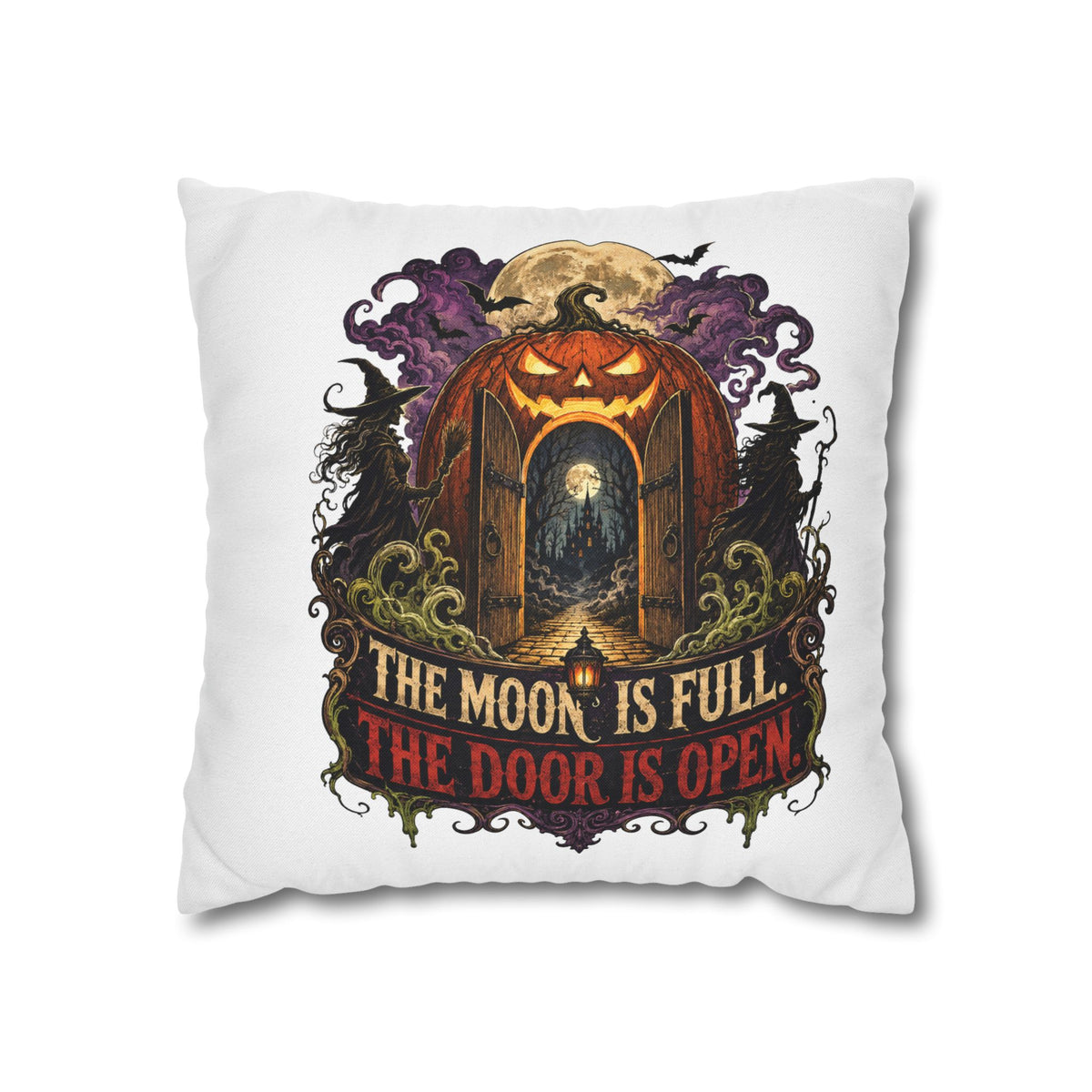 Halloween Pumpkin Door Pillowcase - "The Moon Is Full, The Door Is Open" Spun Polyester Throw Pillow
