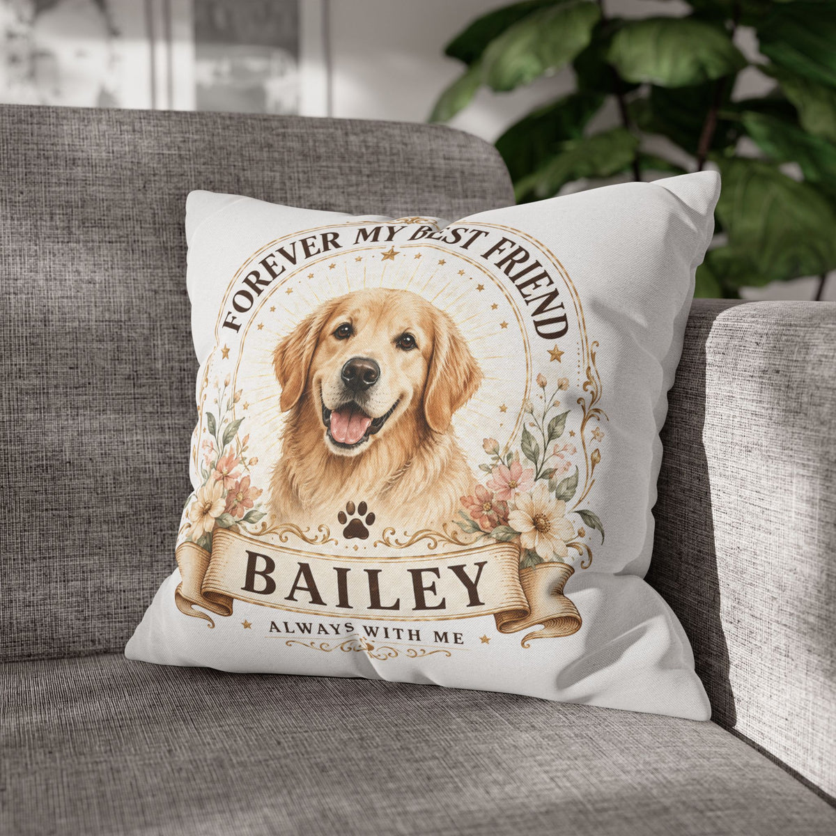 Dog Memorial Throw Pillowcase Milo Bailey Dog Dad Mom — "Forever My Best Friend" Personalized Golden Retriever Pillowcase