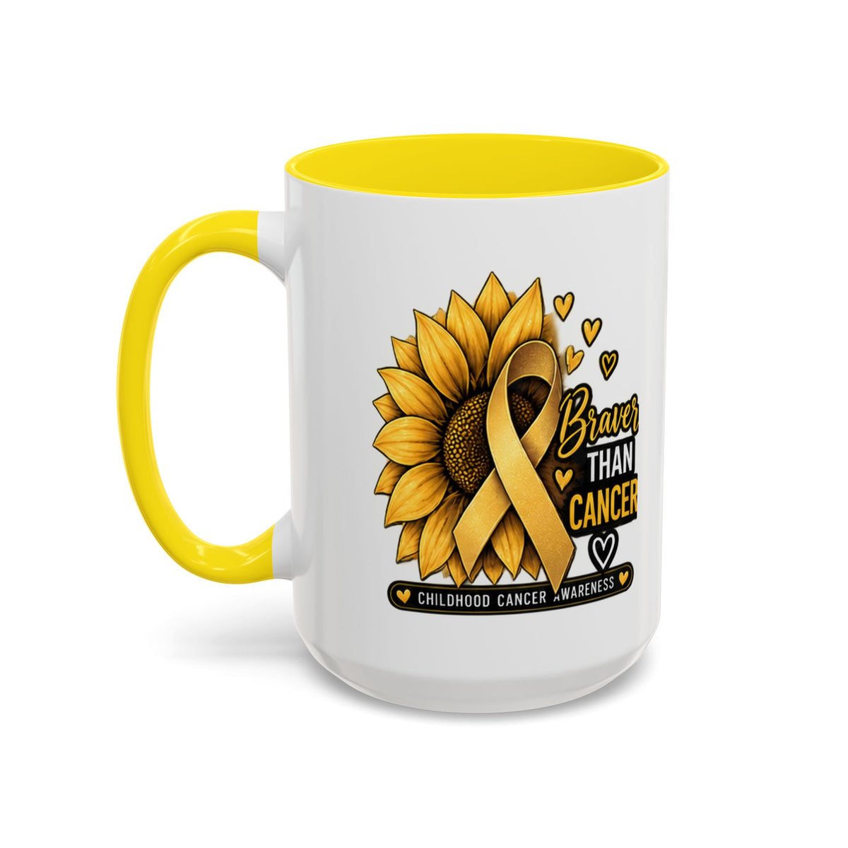 Childhood Cancer Awareness Mug — "Braver Than Cancer" Sunflower & Gold Ribbon