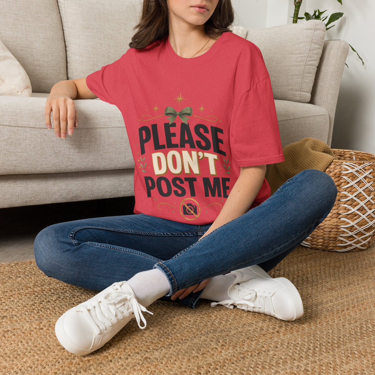 T-Shirt — Please Don’t Post Me Graphic Tee (Cute Bow, Social Media Humor)