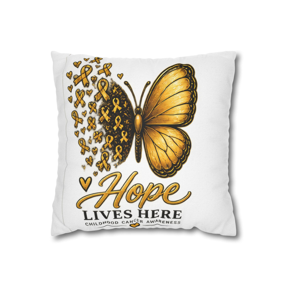 Childhood Cancer Awareness Pillow – "Hope Lives Here" Gold Ribbon Butterfly Square Pillowcase