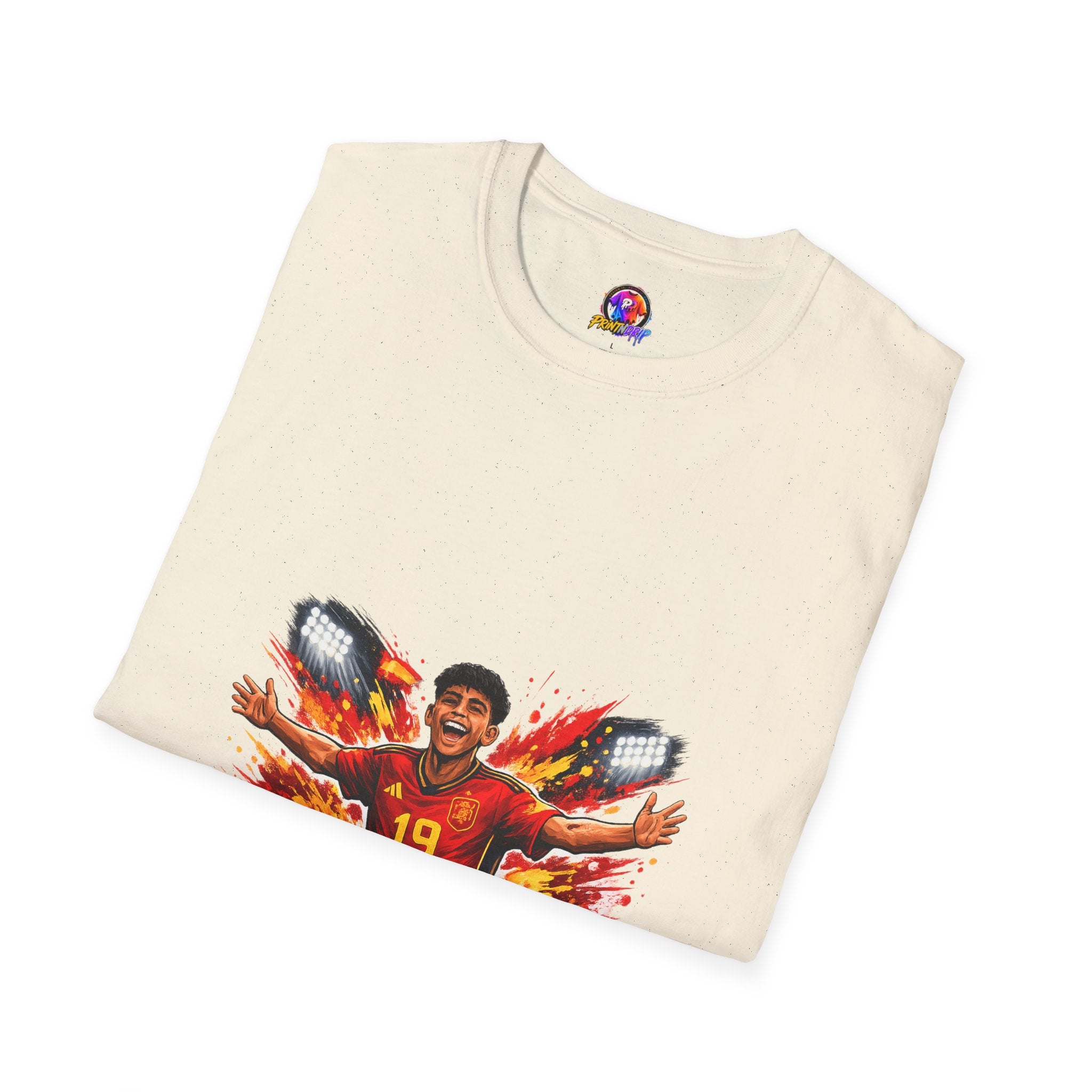 Spain Soccer Fan Portrait T‑Shirt – Fiery Goal Celebration Design