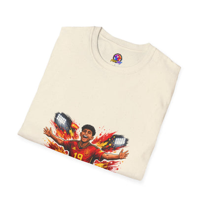 Spain Soccer Fan Portrait T‑Shirt – Fiery Goal Celebration Design