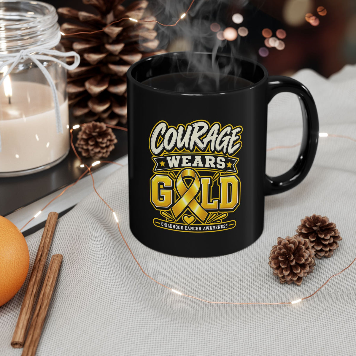 Courage Wears Gold Childhood Cancer Awareness Black Mug (11oz, 15oz)
