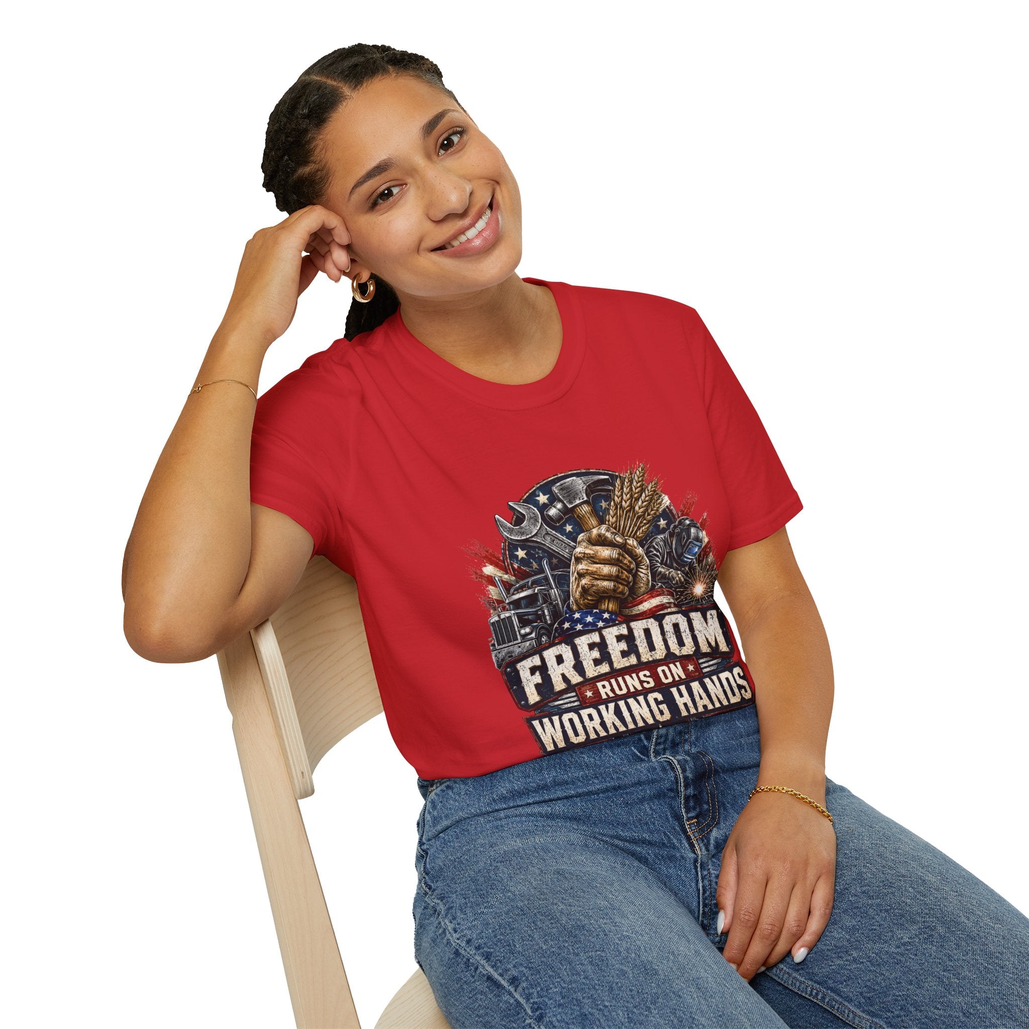 Freedom Runs on Working Hands T-Shirt — Patriotic Mechanic Tool & Wheat Design