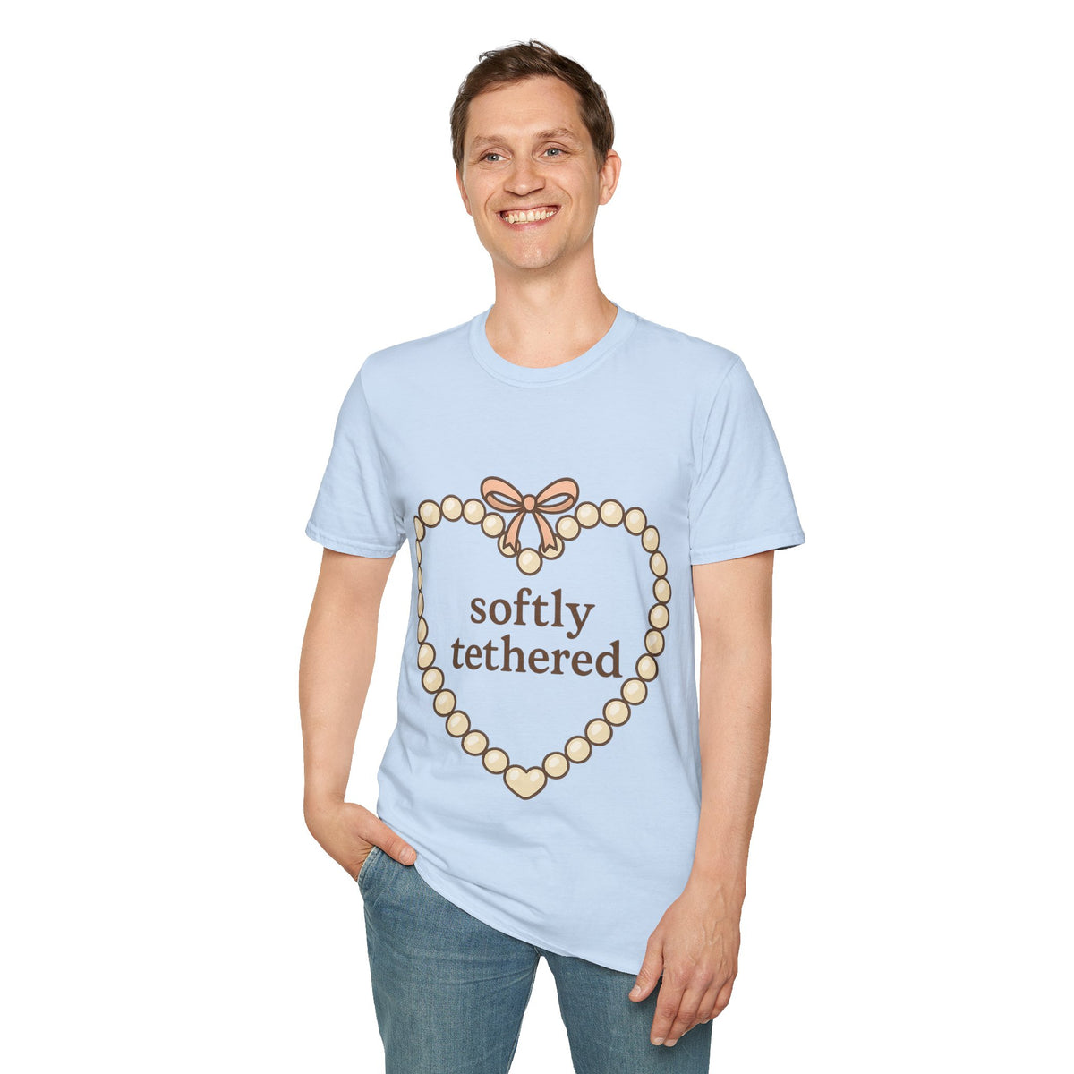 "Softly Tethered" Pearl Heart Ribbon Tee - Cute Coquette Bow Aesthetic White T-Shirt - Trending Now - September 2026