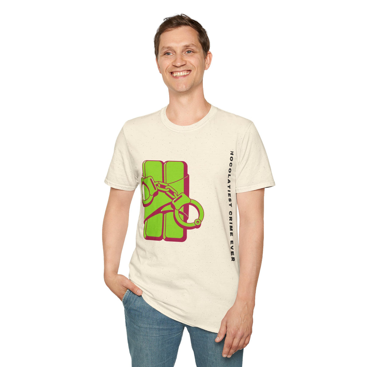 Chocolateie Graphic T‑Shirt — Green Candy Bar with Handcuffs Design - Trending Now - September 2026