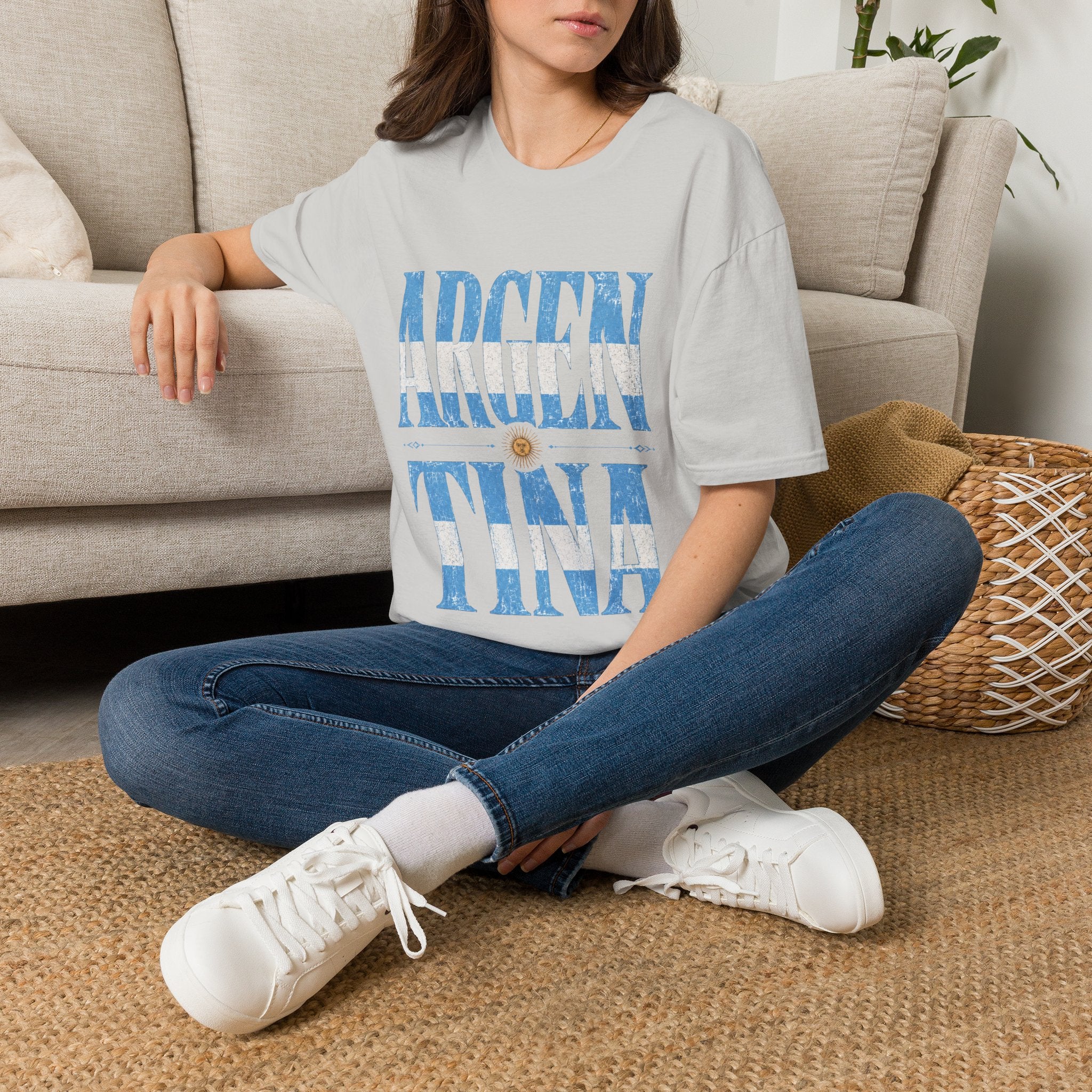 Argentina Flag Graphic T‑Shirt — Vintage Blue Distressed Typography