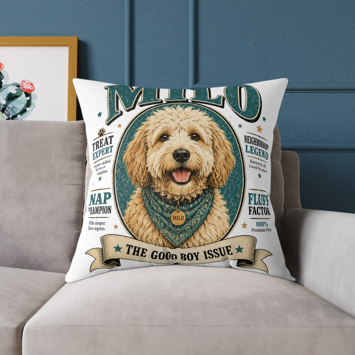 Milo Bailey Dog Dad Mom Square Pillow — "Milo: The Good Boy Issue" Dog Portrait Decorative Throw Pillow
