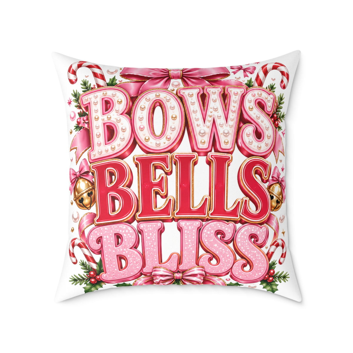 Bows Bells Bliss Modern Day Christmas Square Poly Canvas Pillow