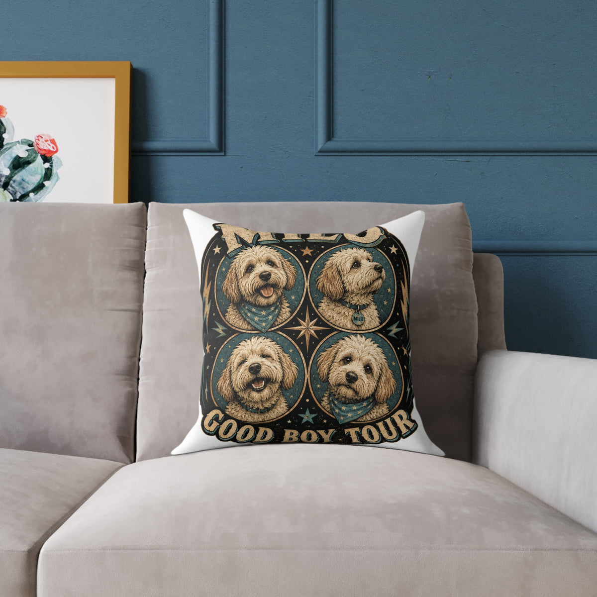 Personalized Dog Pillow  Milo Bailey Dog Dad Mom— 'Milo' Retro Pet Portrait Cushion (Good Boy Tour Design)