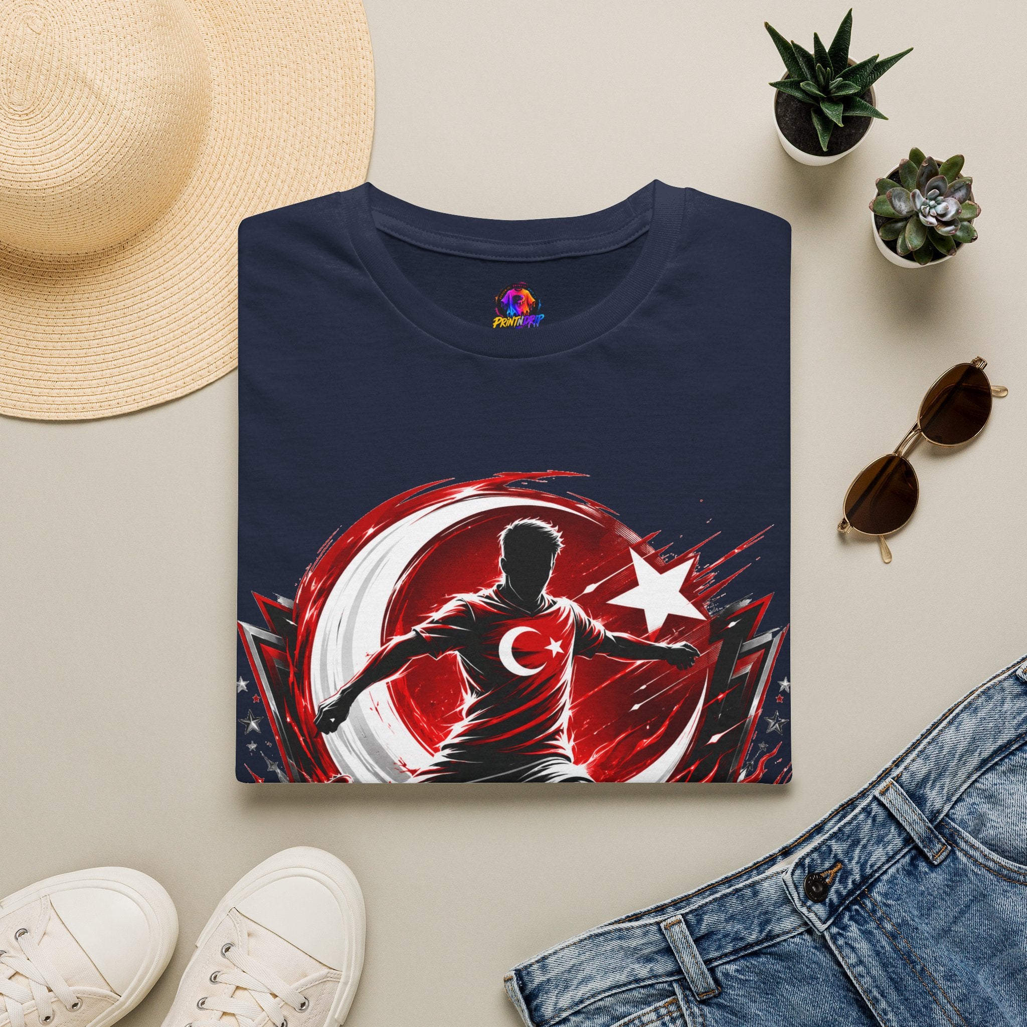 Turkey Crimson Flame Soccer T-Shirt — Turkish Crescent & Star Football Fan Tee