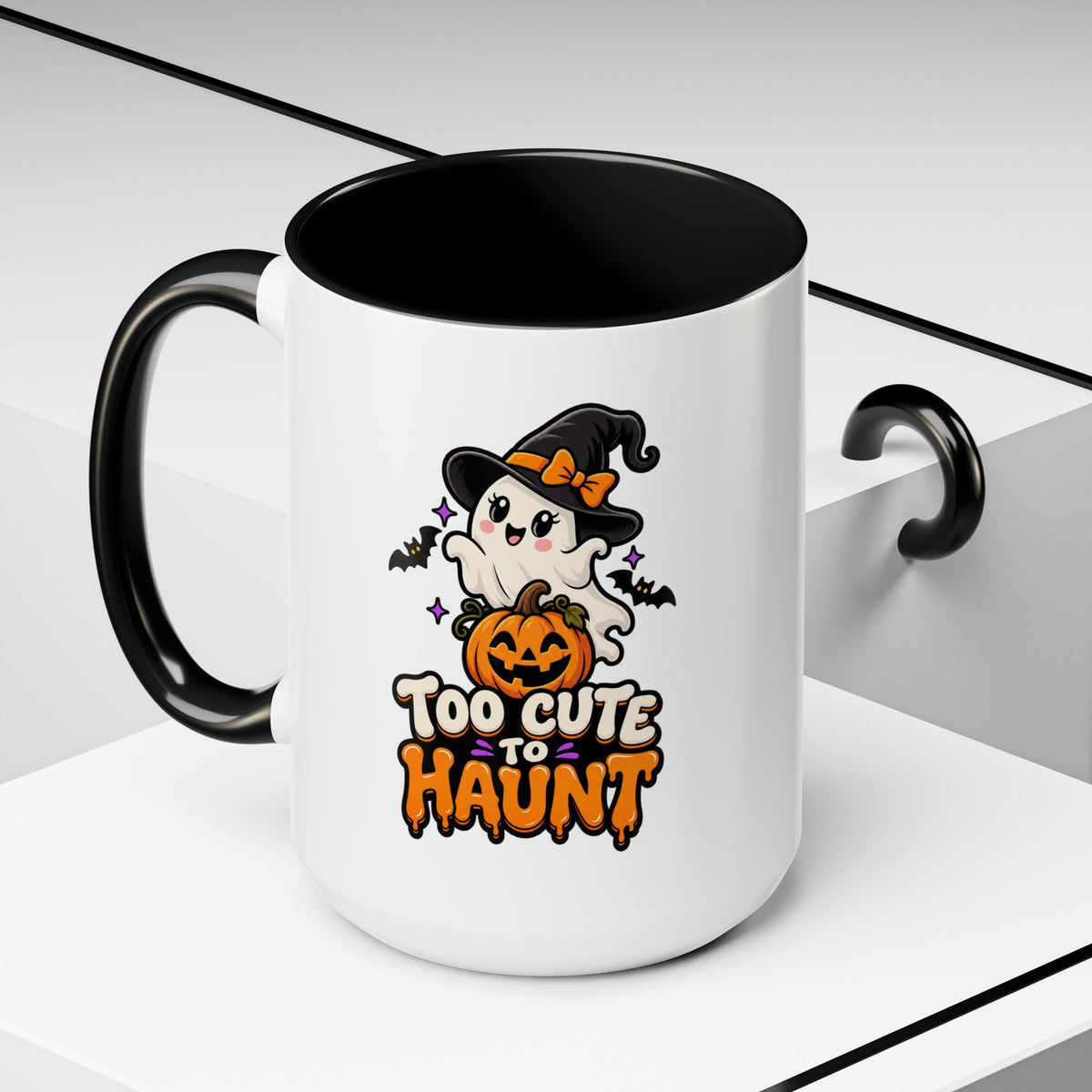 Halloween Coffee Mug - 'Too Cute to Haunt' Ghost Pumpkin Accent Mug