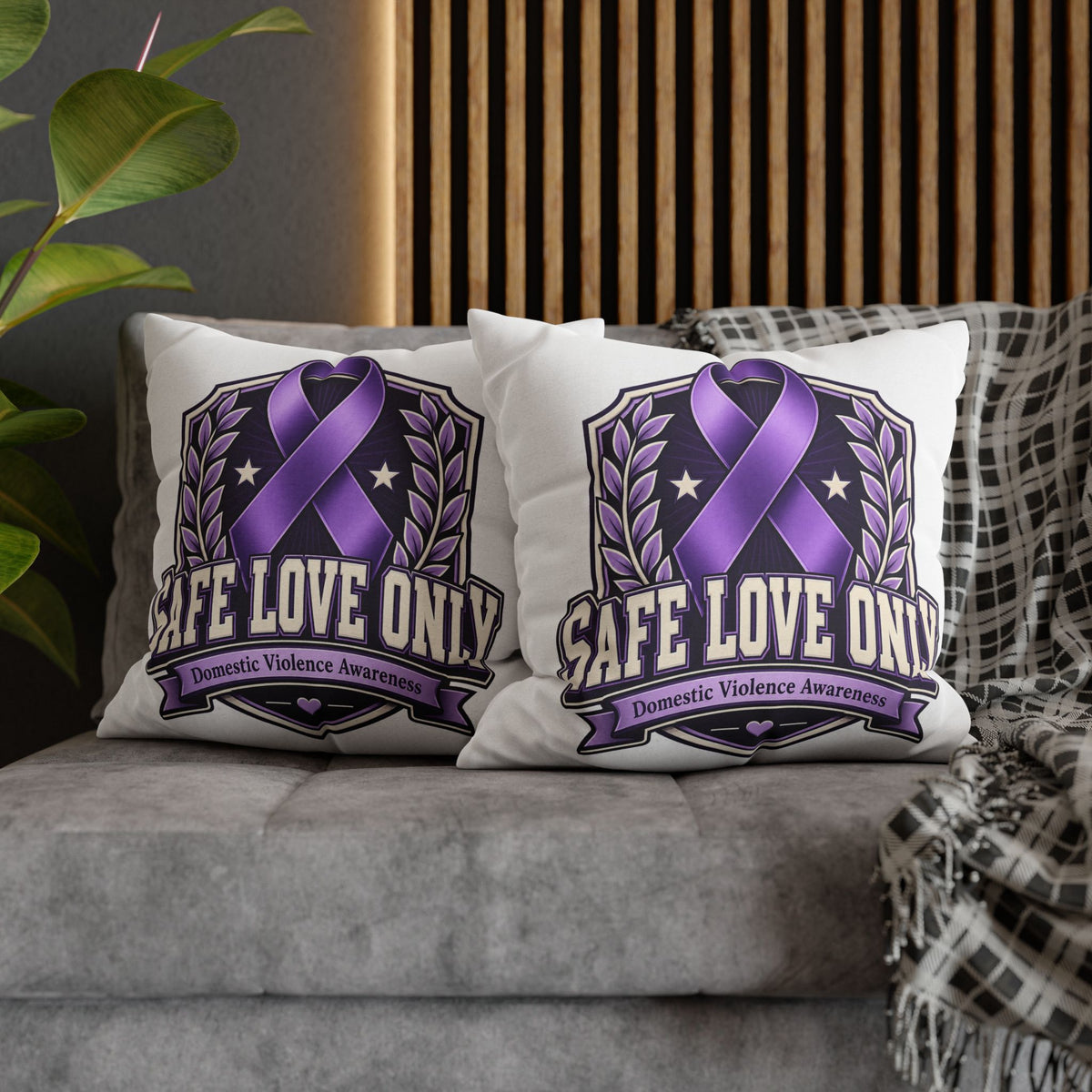 Domestic Violence Awareness Pillow — "Safe Love Only" Purple Ribbon Accent