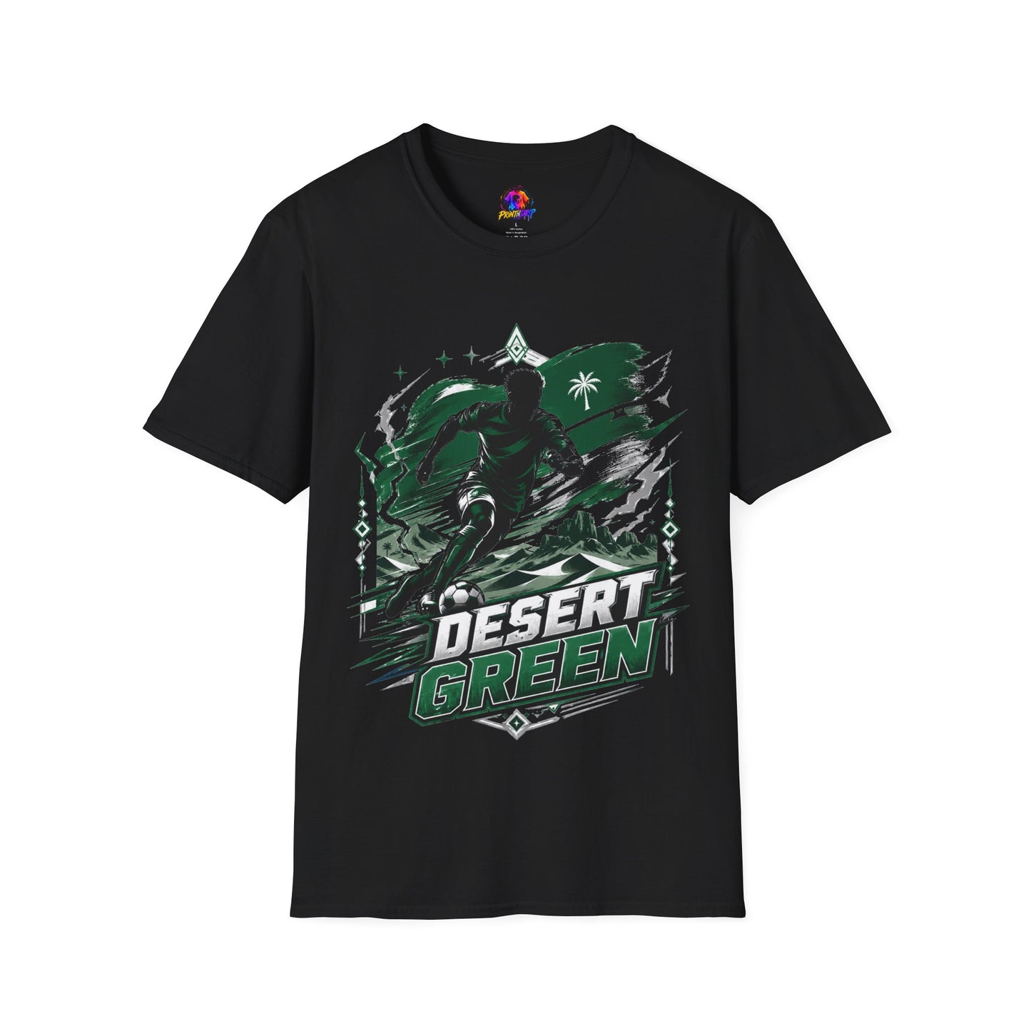 Saudi Arabia Desert Green Soccer T-Shirt — Silhouette Player Graphic