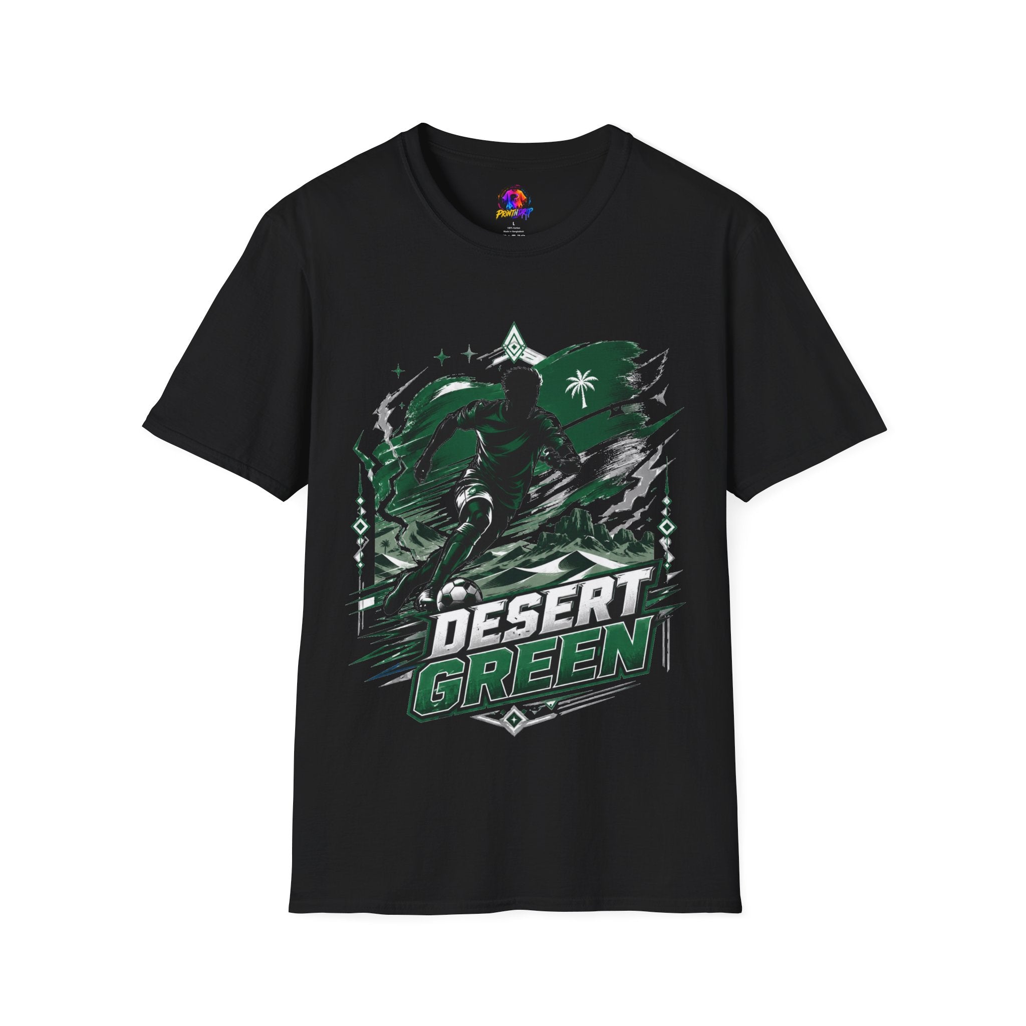 Saudi Arabia Desert Green Soccer T-Shirt — Silhouette Player Graphic
