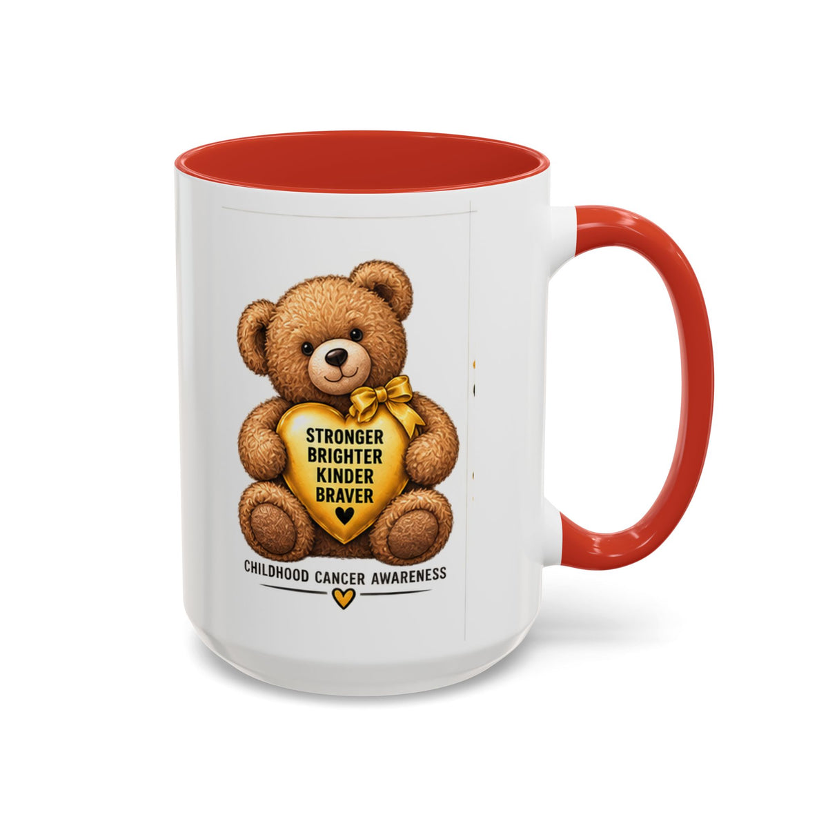 Childhood Cancer Awareness Coffee Mug — 'Stronger Brighter Kinder Braver' Teddy