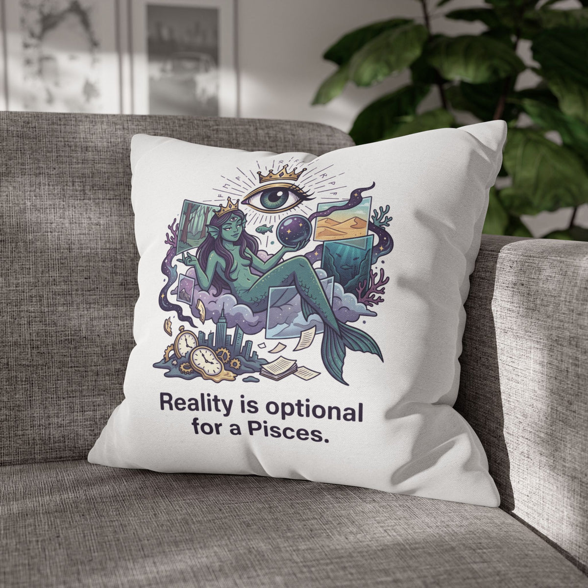 Pisces Mermaid Pillowcase — "Reality Is Optional for a Pisces" Decorative Throw Pillow