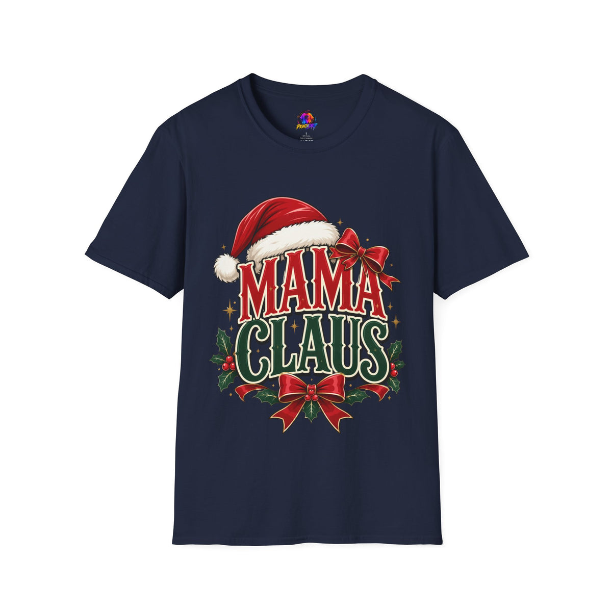 Mama Claus T-Shirt — Festive Christmas Mom Tee with Santa Hat & Bow
