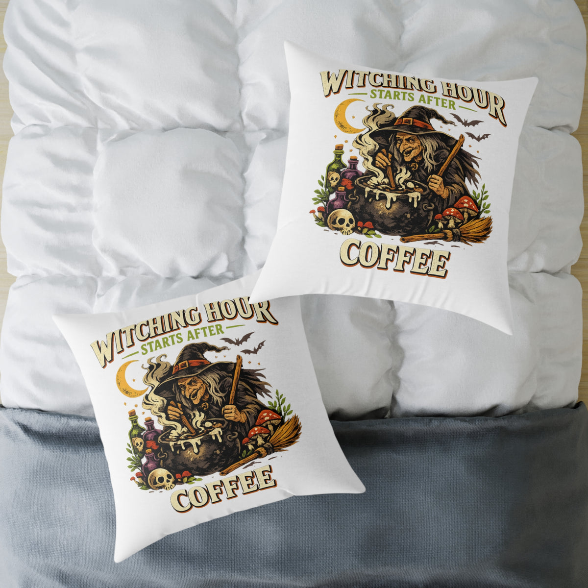 Halloween Witch Coffee Pillow — "Witching Hour Starts After Coffee" Square Throw Pillow