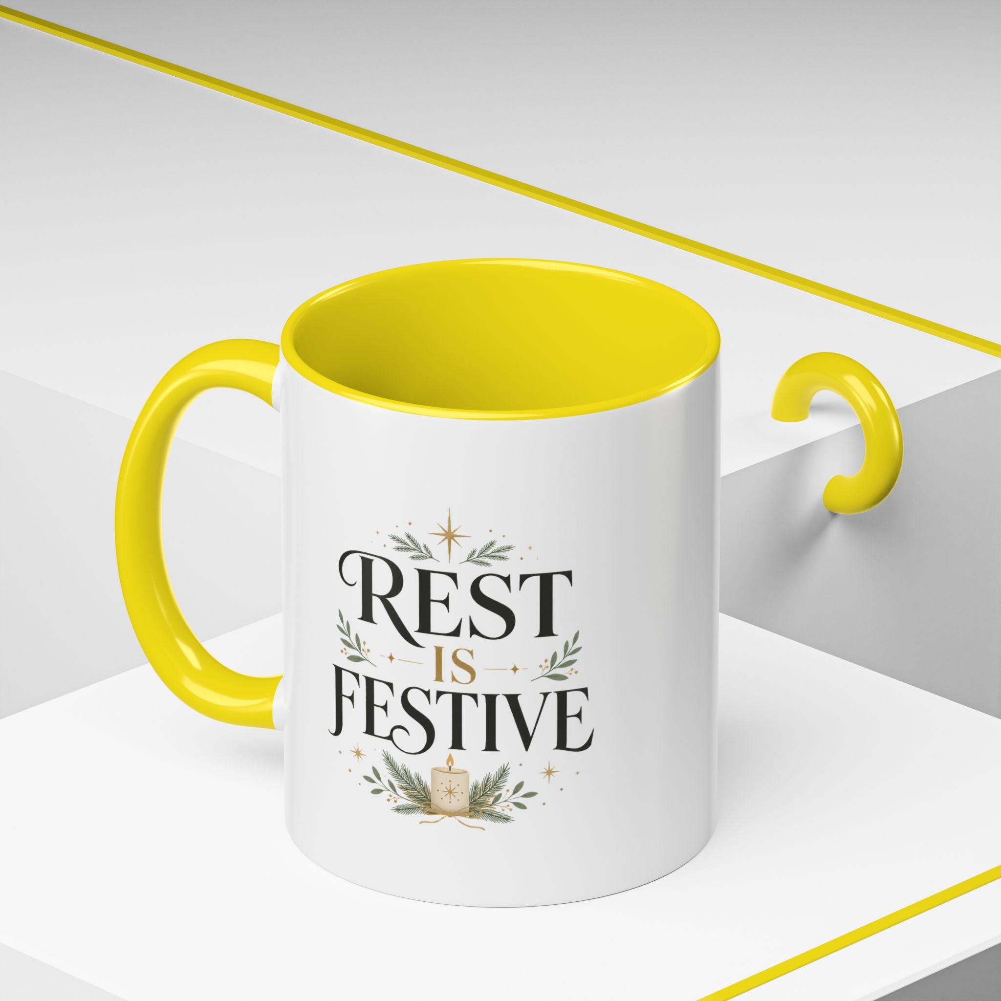 Modern Day Christmas Rest Is Festive Coffee Mug — Holiday Floral Accent