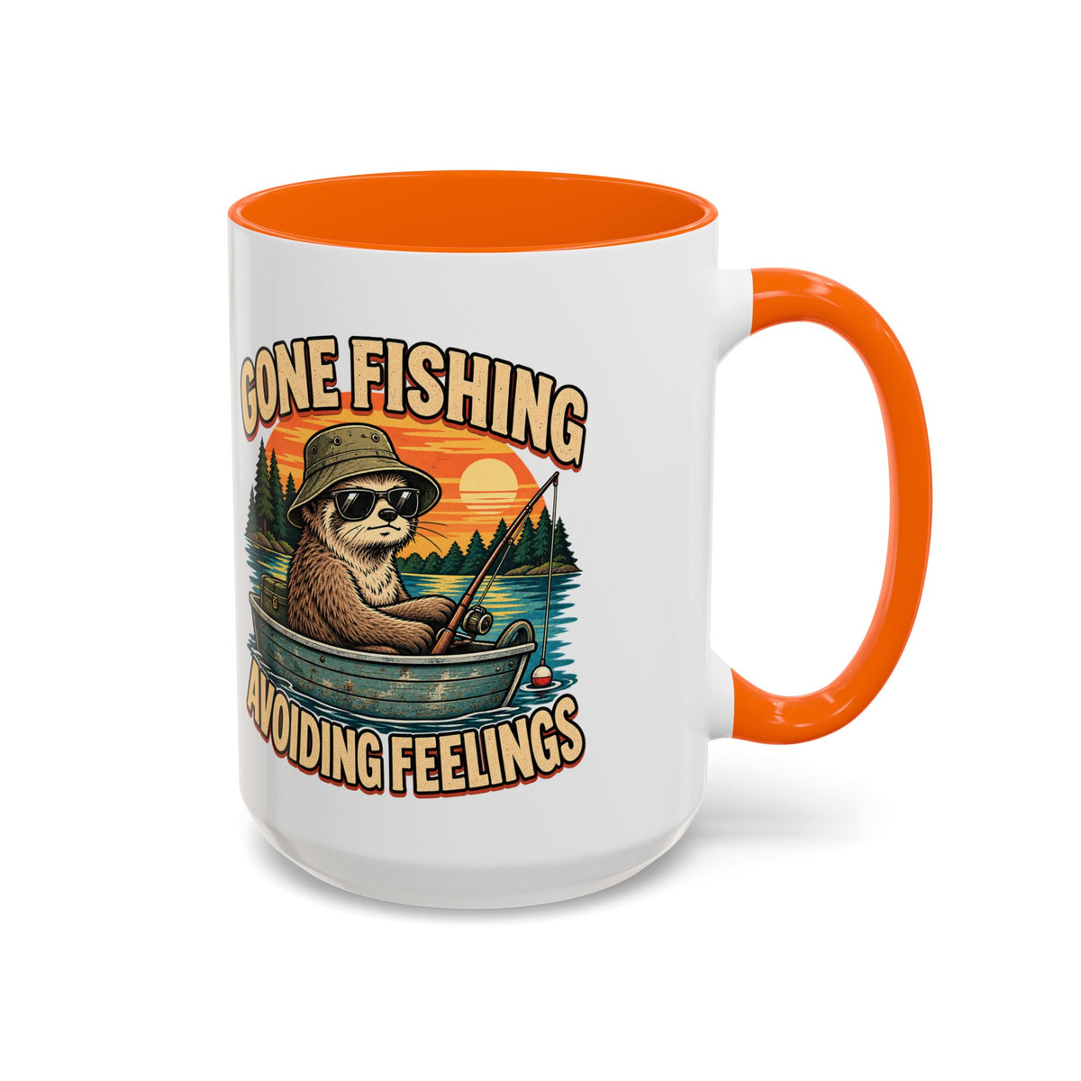 Funny And Witty "Gone Fishing Avoiding Feelings" Accent Coffee Mug (11, 15oz)
