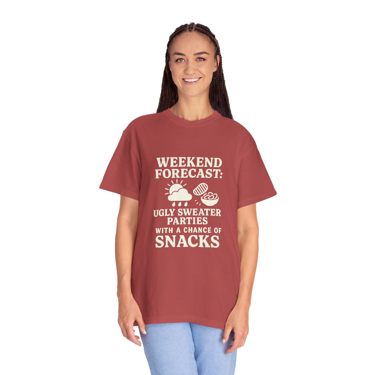 Weekend Forecast T-Shirt — "Ugly Sweater Parties with a Chan of Snacks" Holiday Tee - Trending Now - October 2026