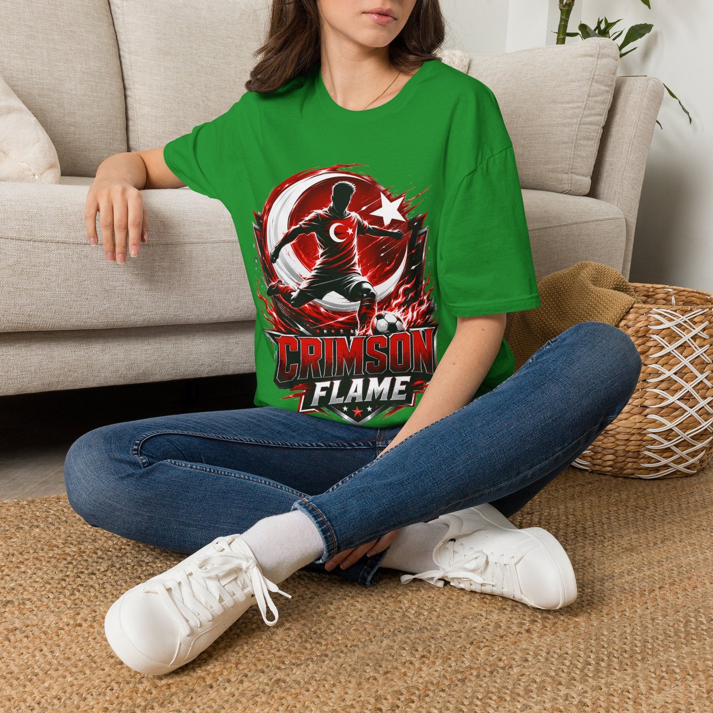 Turkey Crimson Flame Soccer T-Shirt — Turkish Crescent & Star Football Fan Tee
