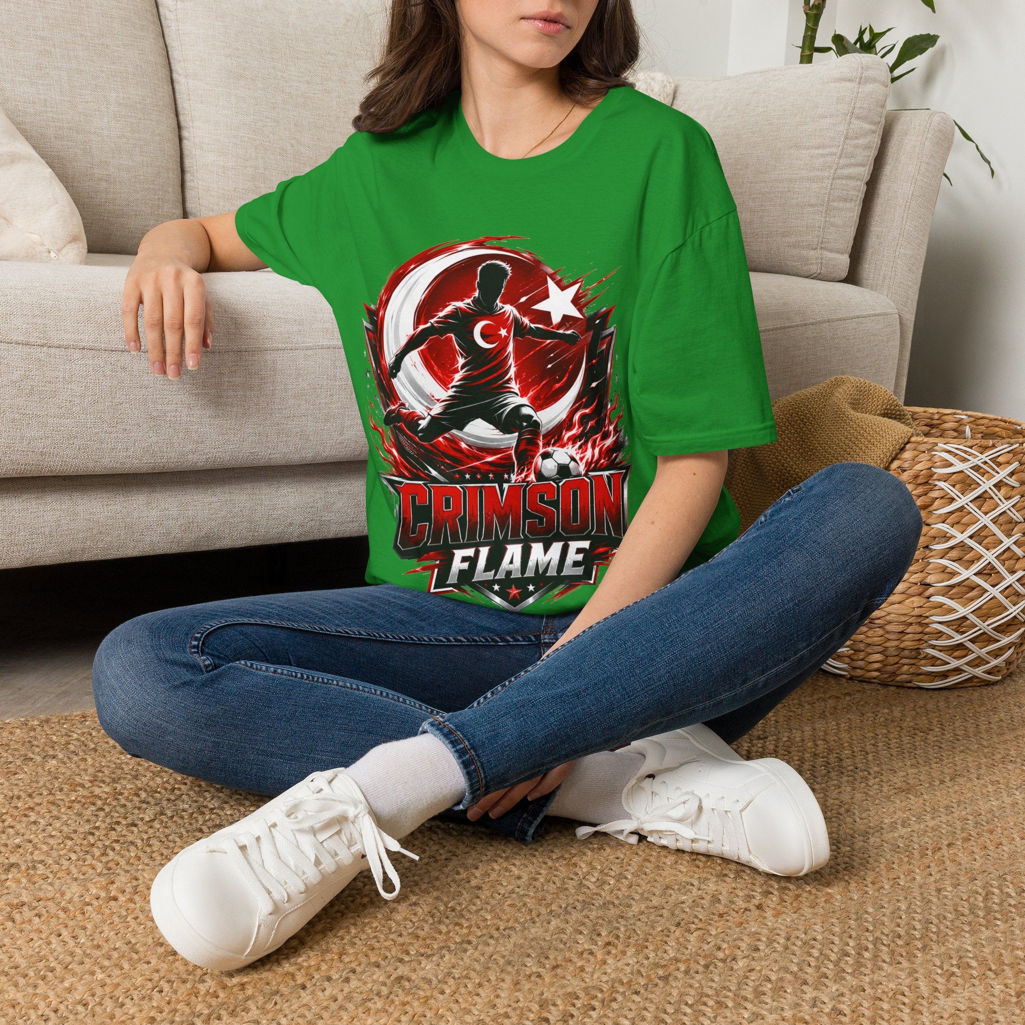 Turkey Crimson Flame Soccer T-Shirt — Turkish Crescent & Star Football Fan Tee