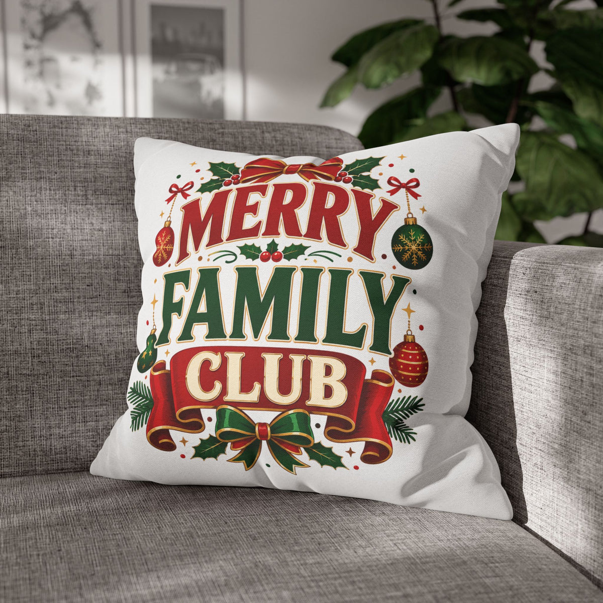 Merry Family Club Christmas Pillowcase — Festive Holiday Decorative Throw Pillow