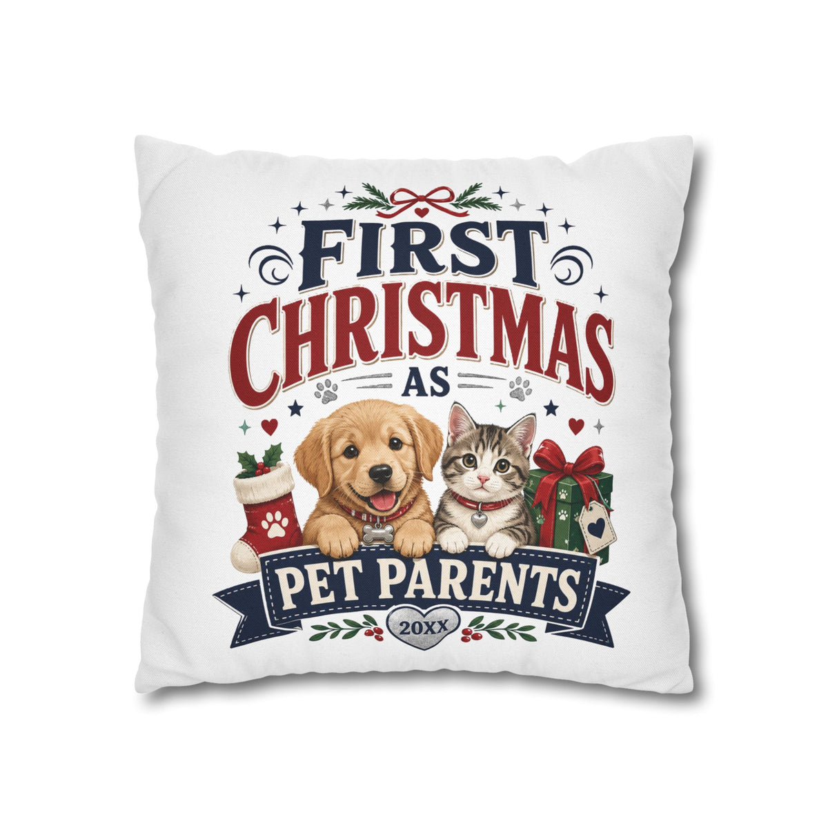 First Christmas as Pet Parents Pillowcase — Dog & Cat Holiday Throw Pillowcase