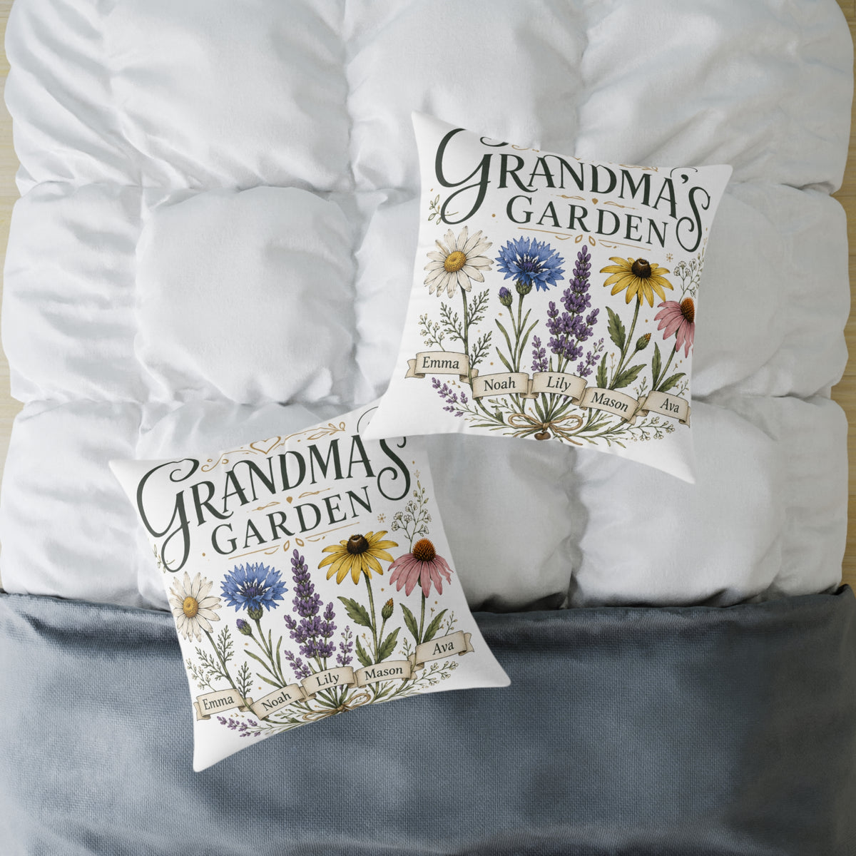 Grandma's Garden Floral Throw Pillow  Milo Bailey Dog Dad Mom— Personalized Family Names