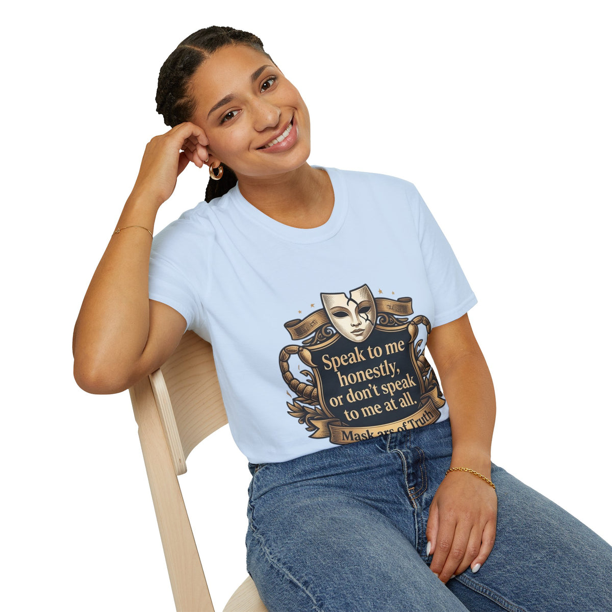 Speak to Me Mask T‑Shirt — 'Speak to me honestly...' Zodiac Scorpio Graphic Tee
