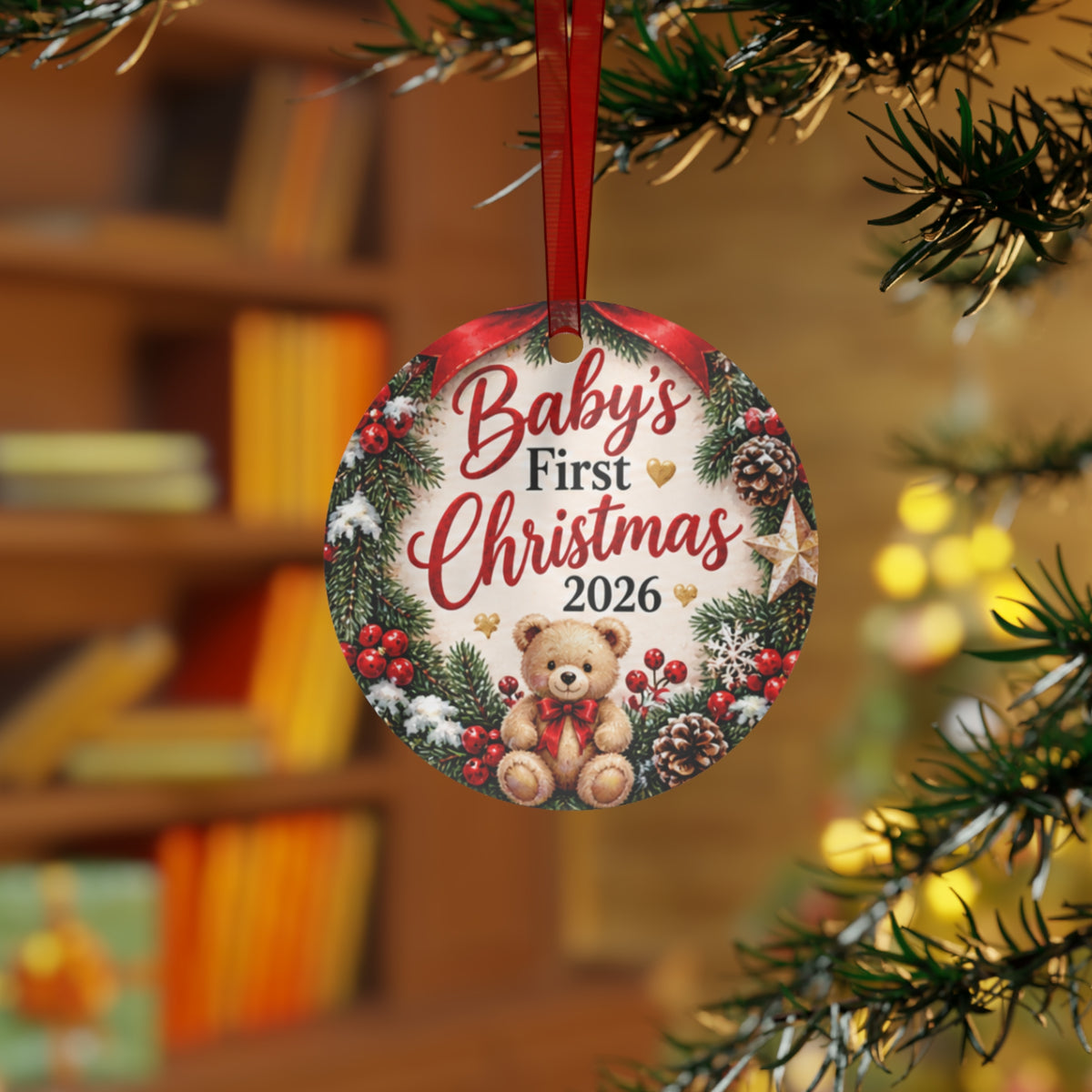 Baby's First Christmas 2026 Metal Ornament — Teddy Bear Holiday Keepsake