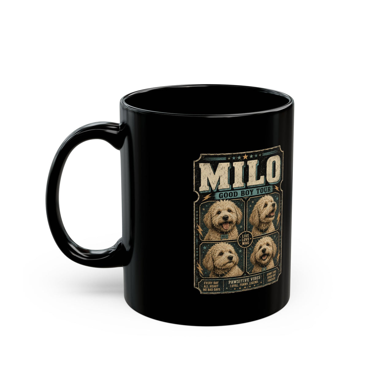 Milo Bailey Dog Dad Mom Milo Photo Collage Black Mug — Custom Pet Name Coffee Cup