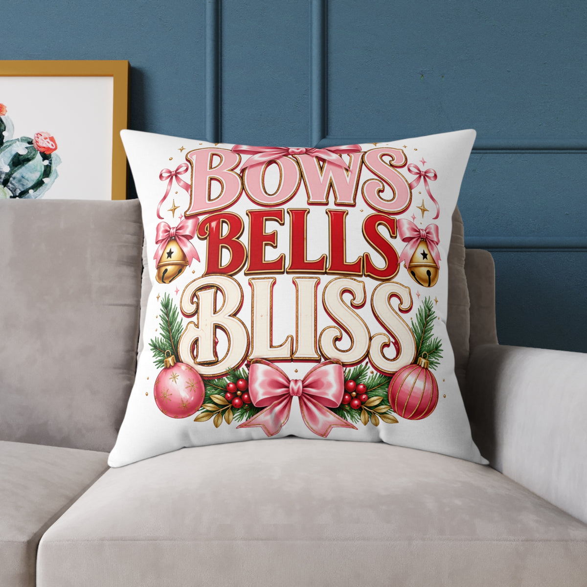 Christmas Bows Bells Bliss Square Poly Canvas Pillow