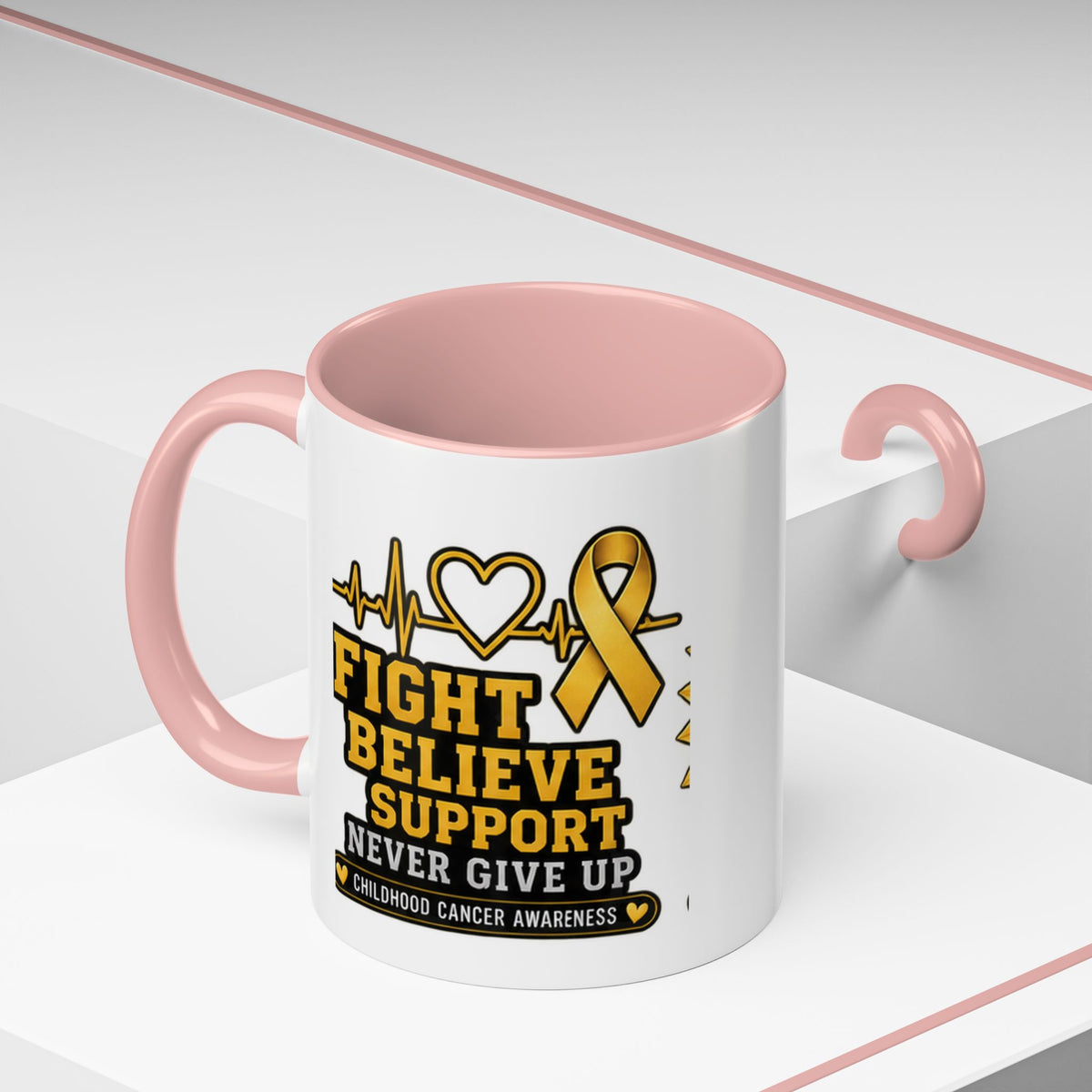 Childhood Cancer Awareness Accent Coffee Mug — "Fight Believe Support" 11/15oz