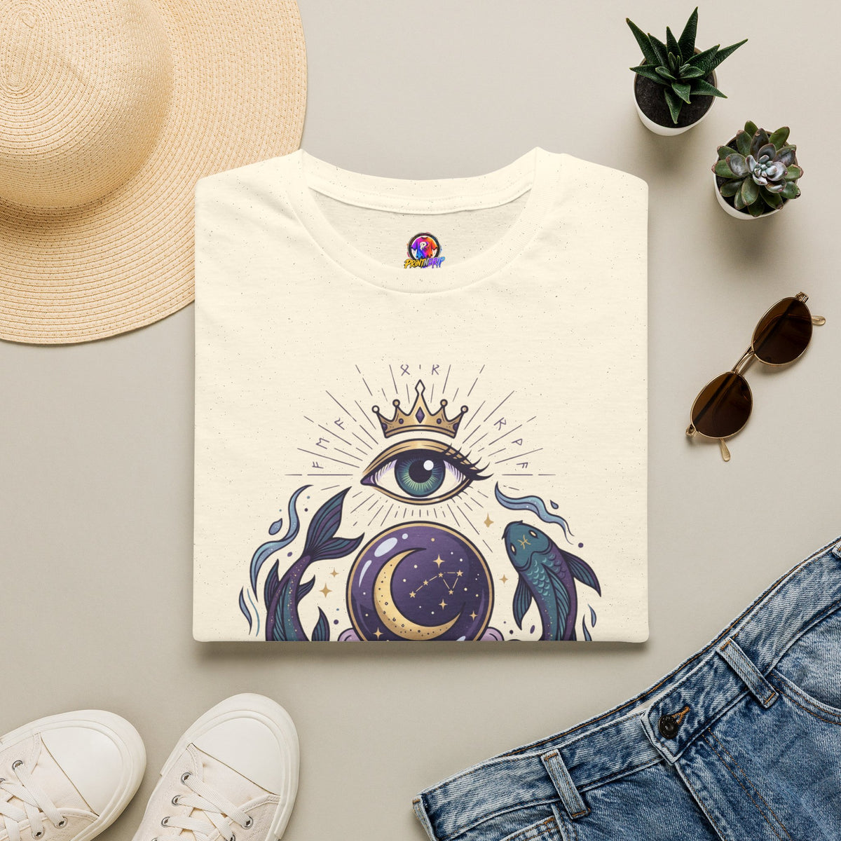 Pisces Mystic Eye T-Shirt — Witchy Astrology Moon & Crown Design