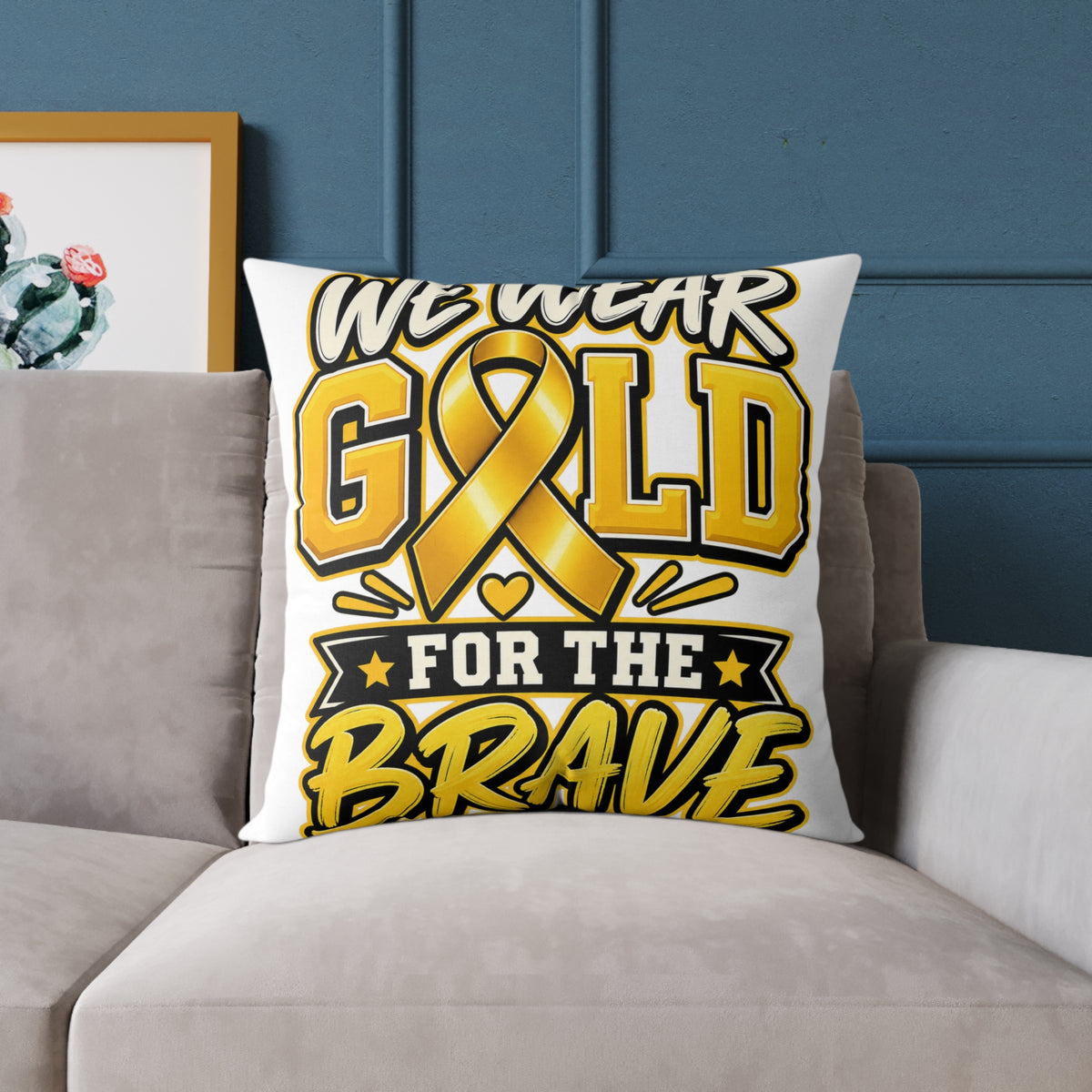 Childhood Cancer Gold Ribbon 'We Wear Gold For The Brave' Square Throw Pillow