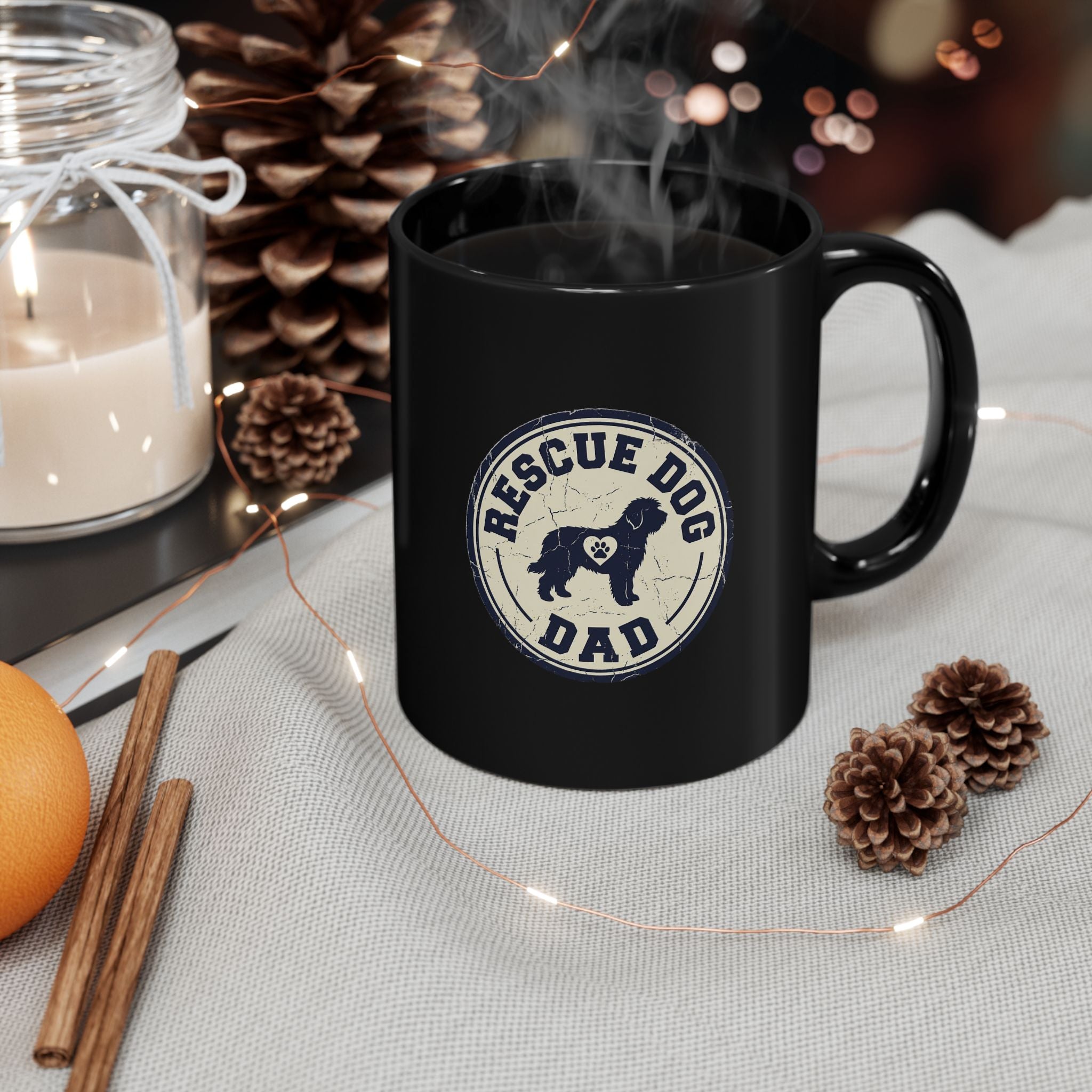 Funny Rescue Dog Dad Black Mug — Vintage Paw Print Coffee Cup