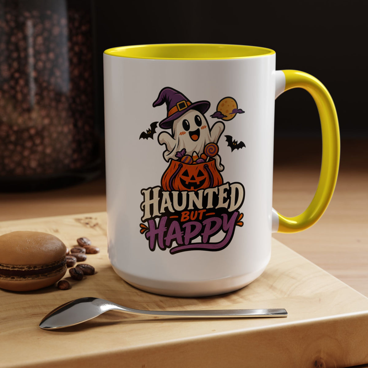 Haunted But Happy Coffee Mug — Halloween Ghost Pumpkin Accent Mug (11/15oz)