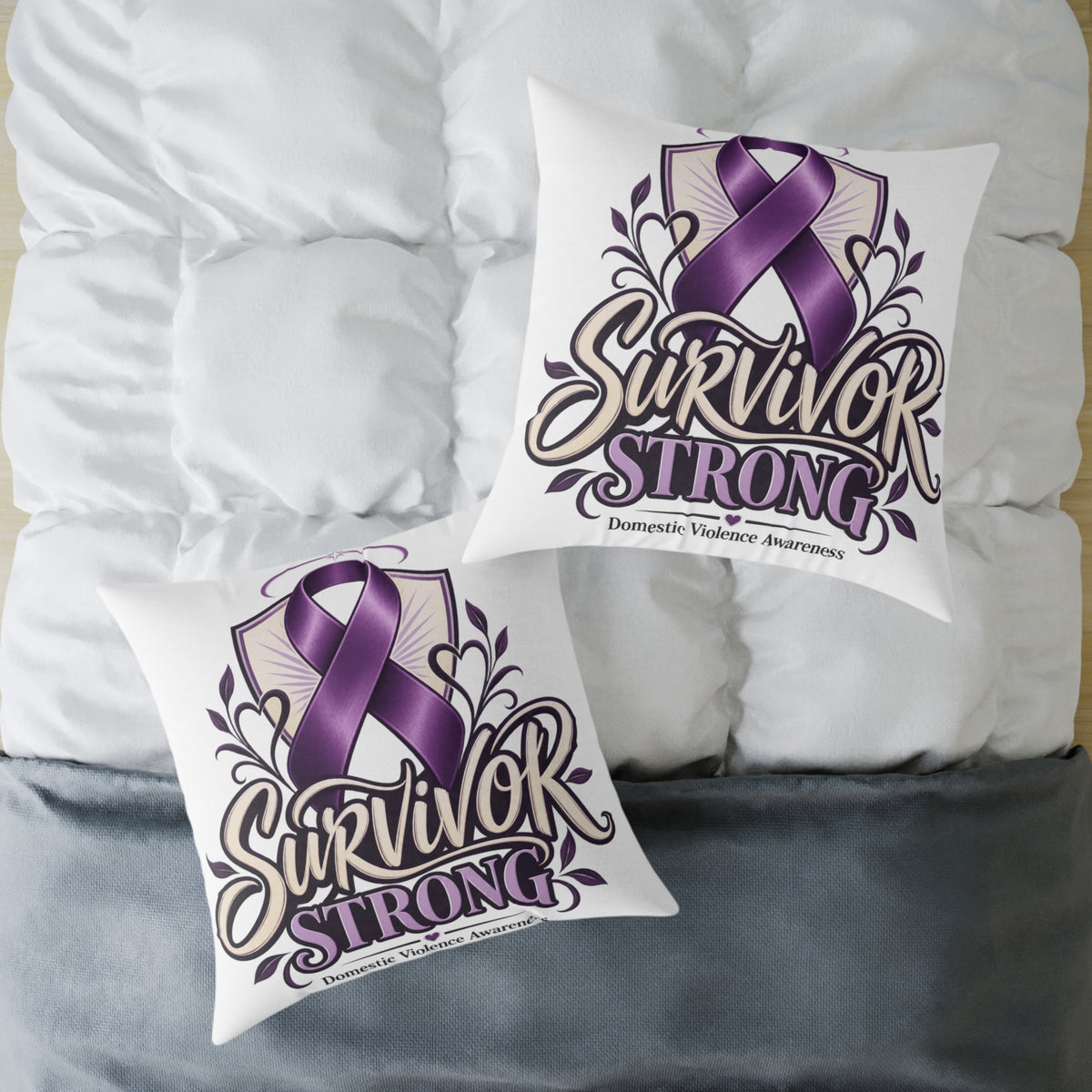 Survivor Strong Purple Ribbon Square Pillow — Domestic Violence Awareness Support Home Decor