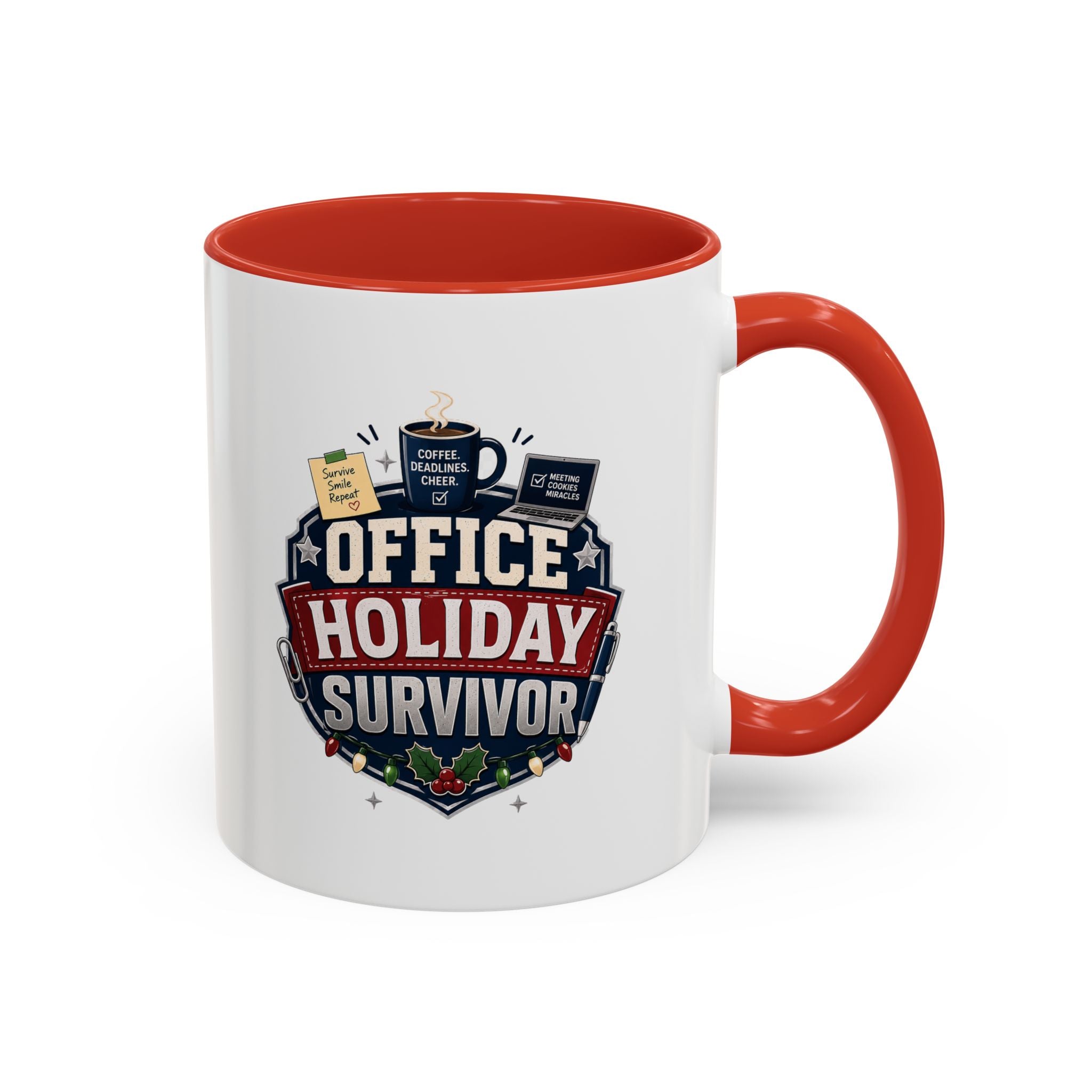 Modern Day Christmas Office Holiday Survivor Accent Coffee Mug – Funny Christmas Office Gift