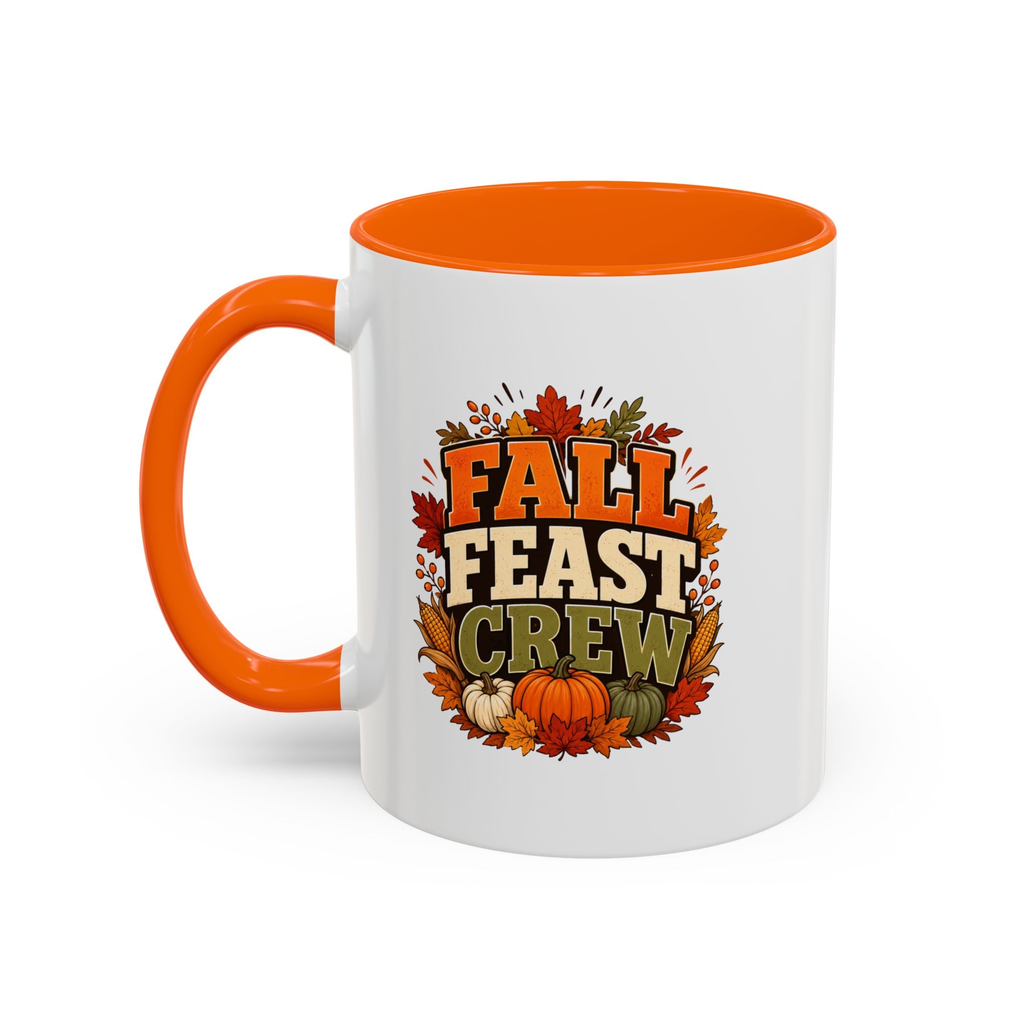 Thanksgiving Mug Fall Feast Crew Coffee Mug — Autumn Pumpkin & Leaves Accent Mug